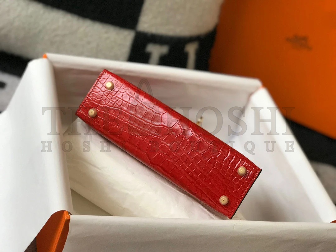 H**me5 Kelly Mini II Sellier Bag In Red Crocodile Embossed Leather Master Quality