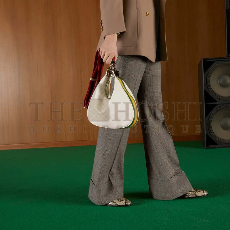 Gvc*1 Women GG Attache Large Shoulder Bag White Leather Green Yellow Web Master Quality