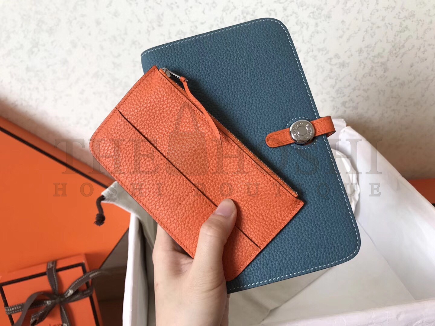 H**me5 Bicolor Dogon Duo Wallet In Jean/Orange Leather Master Quality