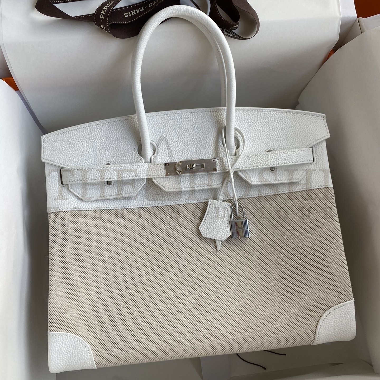 H**me5 Birkin 35 Handmade Bag In Toile &amp; White Clemence Leather Master Quality