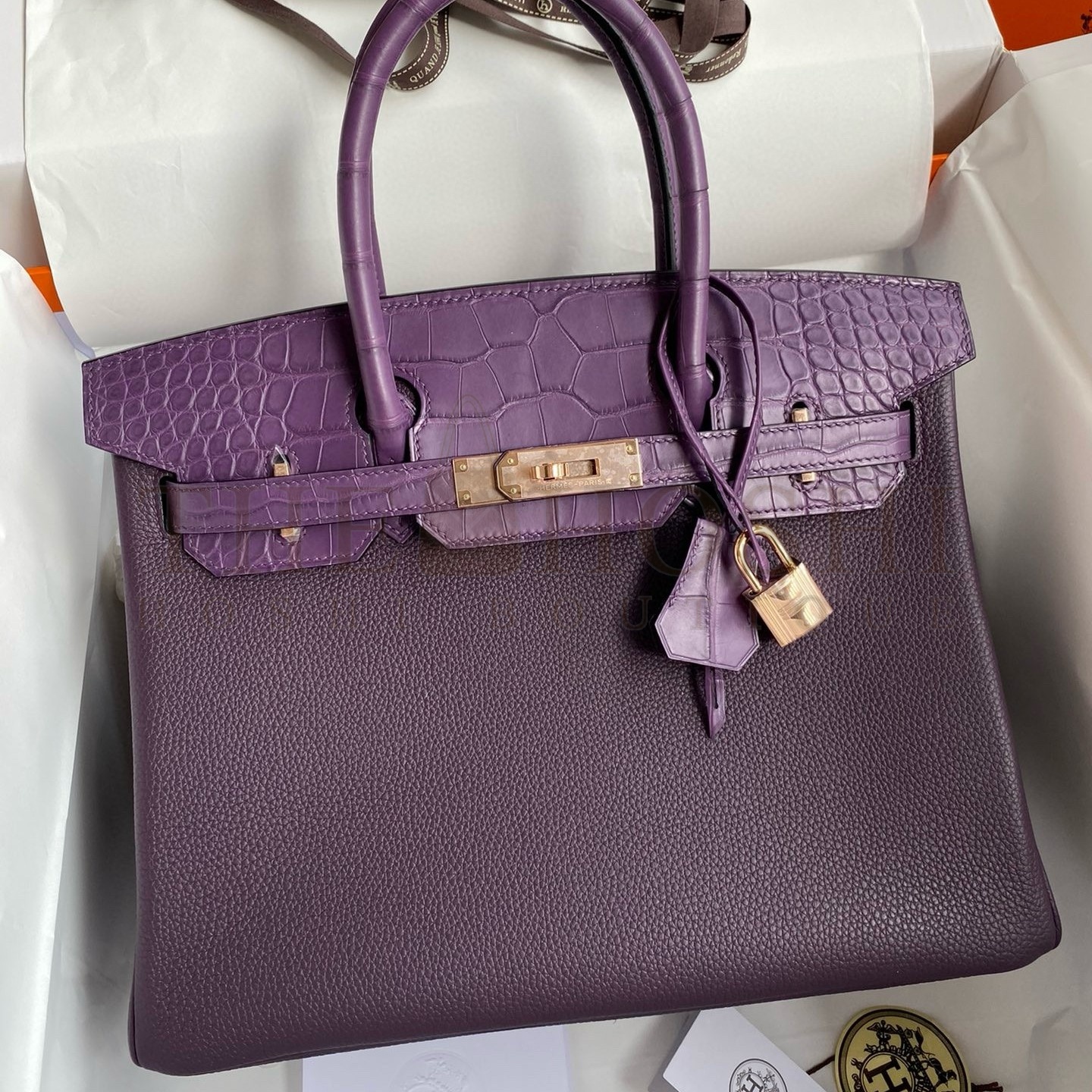 H**me5 Touch Birkin 30 Bag in Raisin Clemence and Matte Alligator Leather Master Quality