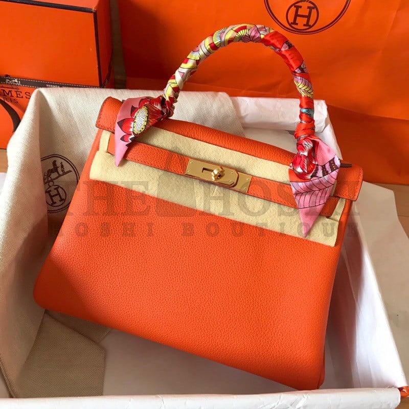 H**me5 Kelly Retourne 28 Handmade Bag In Orange Clemence Leather Master Quality