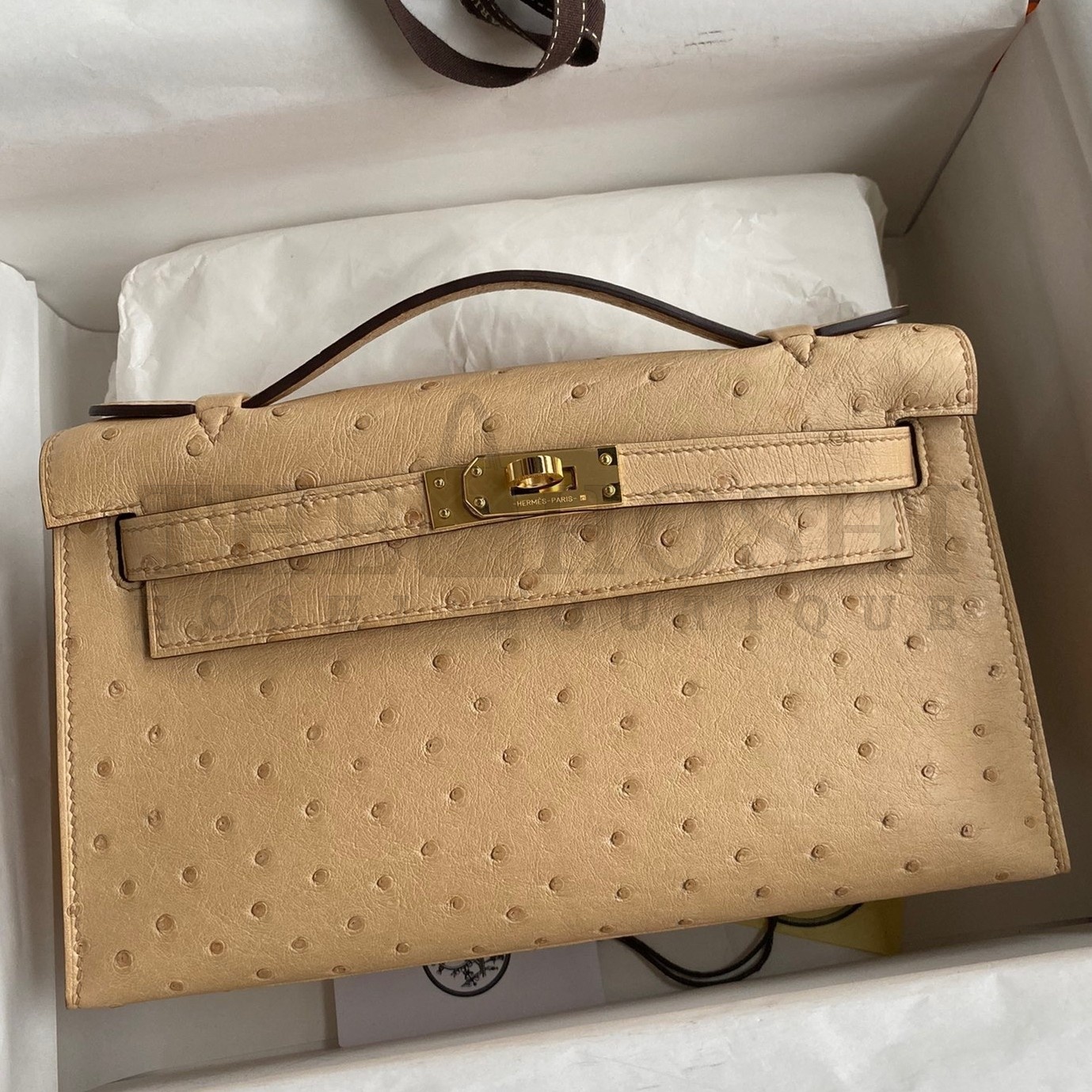 H**me5 Kelly Pochette Handmade Bag In Chai Ostrich Leather Master Quality