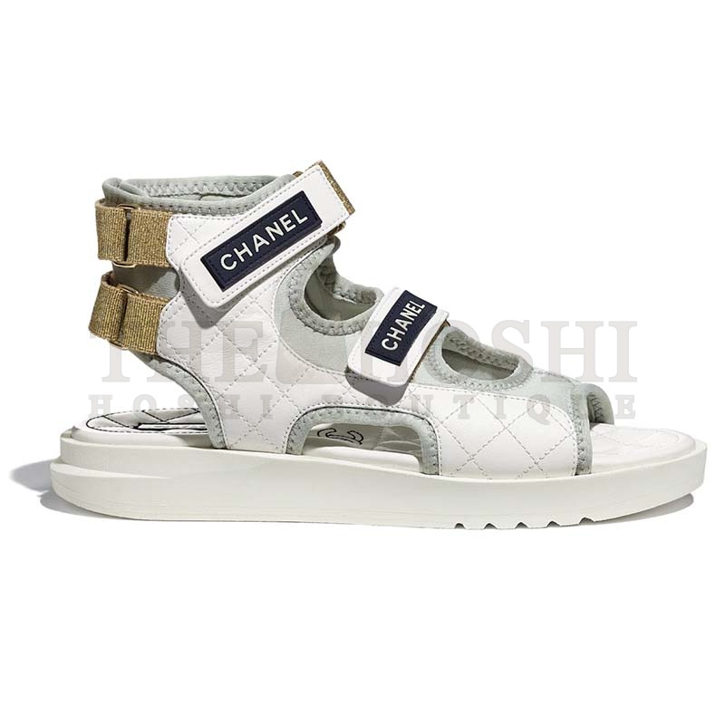 Ch**el Women Sandals Goatskin Fabric & TPU White Light Grey & Navy Blue Master Quality