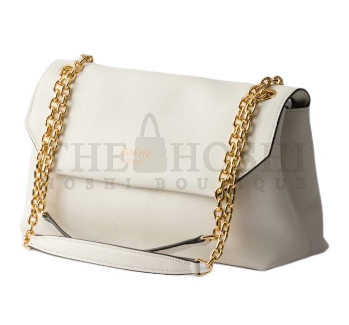 Pra*a Doux Medium Flap Shoulder Bag – White Calfskin Leather with Magnetic Closure and Gold Chain Strap Master Quality
