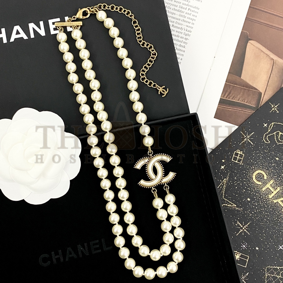 Ch**el CC Pearl Necklace Double Layer Vintage Gold Master Quality
