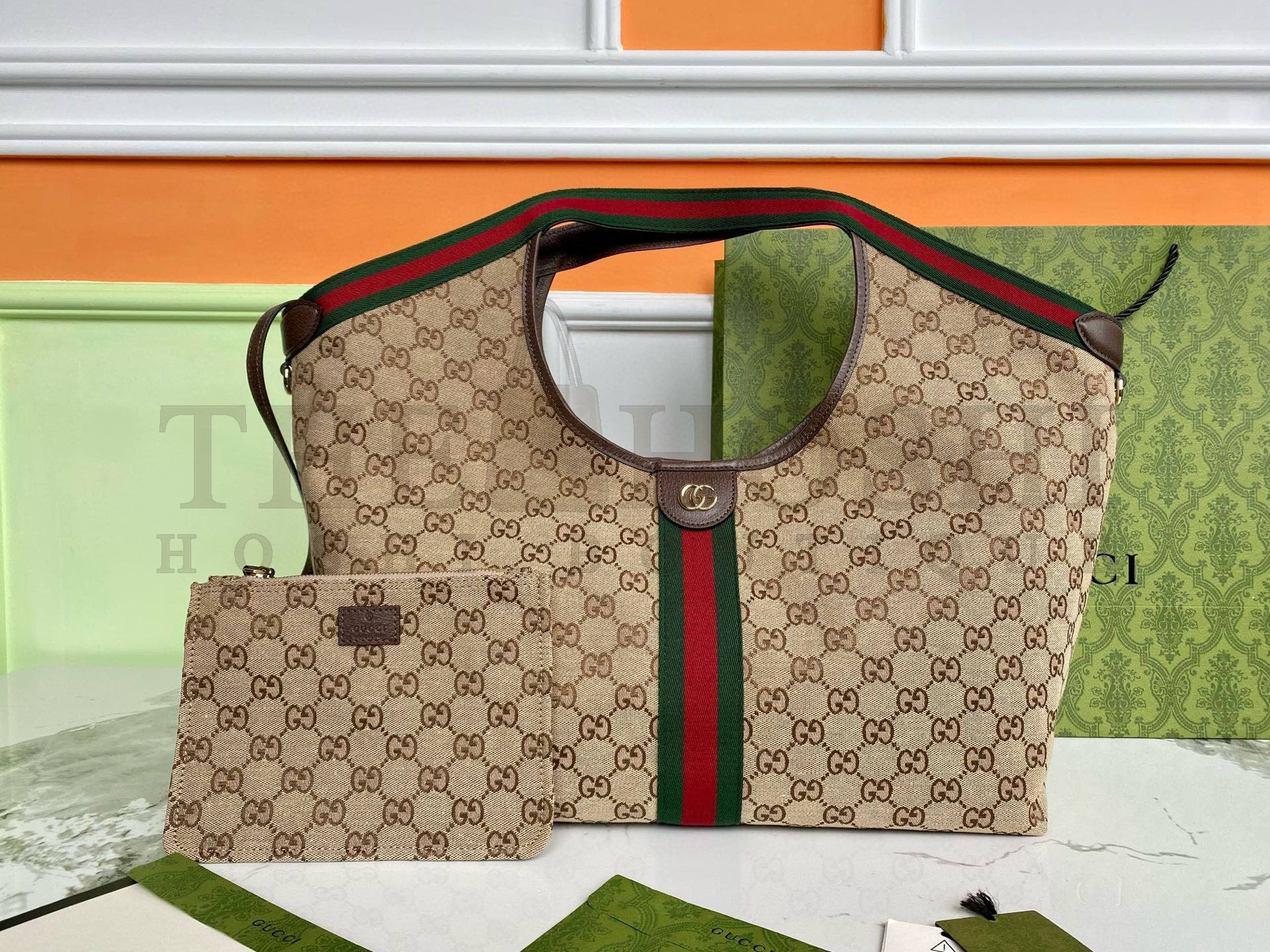 Gvc*1 Giglio Tote Bag Beige/Deep Brown GG Canvas with Green-Red Web, Removable Pouch, 60 x 47 x 16 cm Master Quality