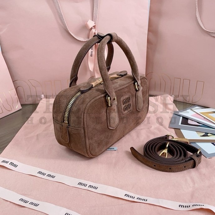 Miu Miu M1um1u Suede Bowling Bag Brown Calfskin Leather 22x10.5x7.5cm 5BB142 Master Quality