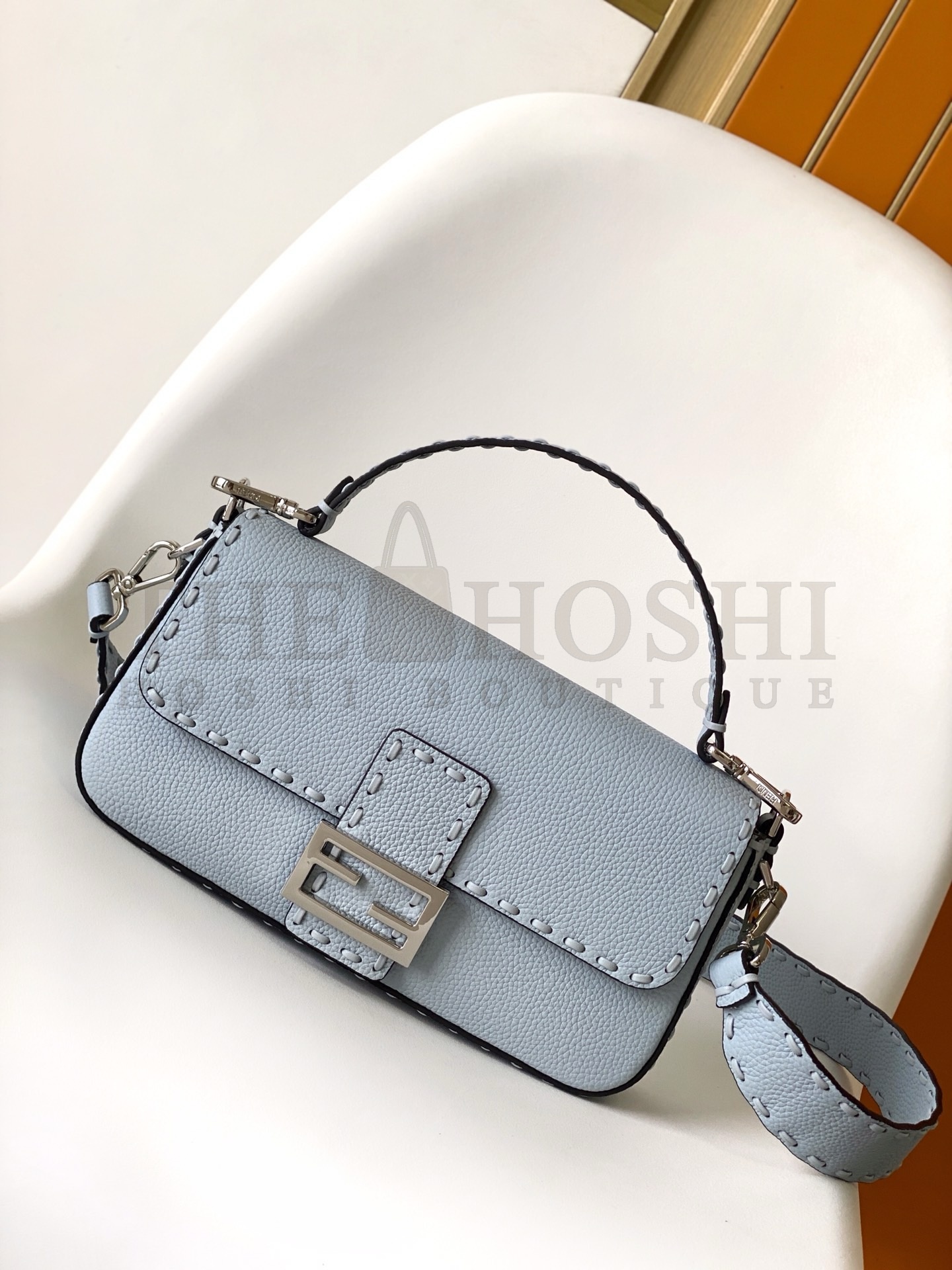 F**di Baguette Medium Bag Cuoio Romano Calfskin with FF Buckle Light Blue 27x6x15cm 8600 Master Quality