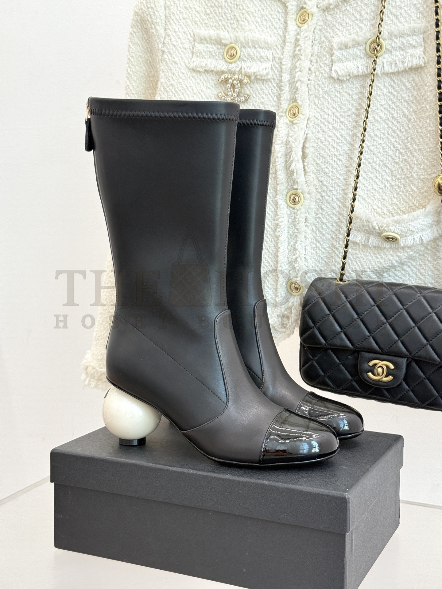 Ch**el Double C Pearl Decorated Platform Boots Black Lambskin Leather Sole Master Quality