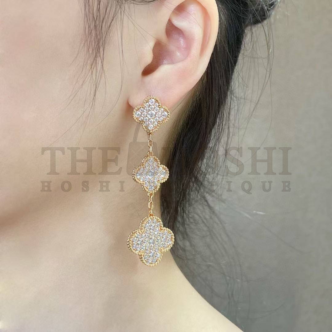 V*n Cl**f & Arpels VCA Alhambra 3-Flower Full D1am0nd Earrings Master Quality