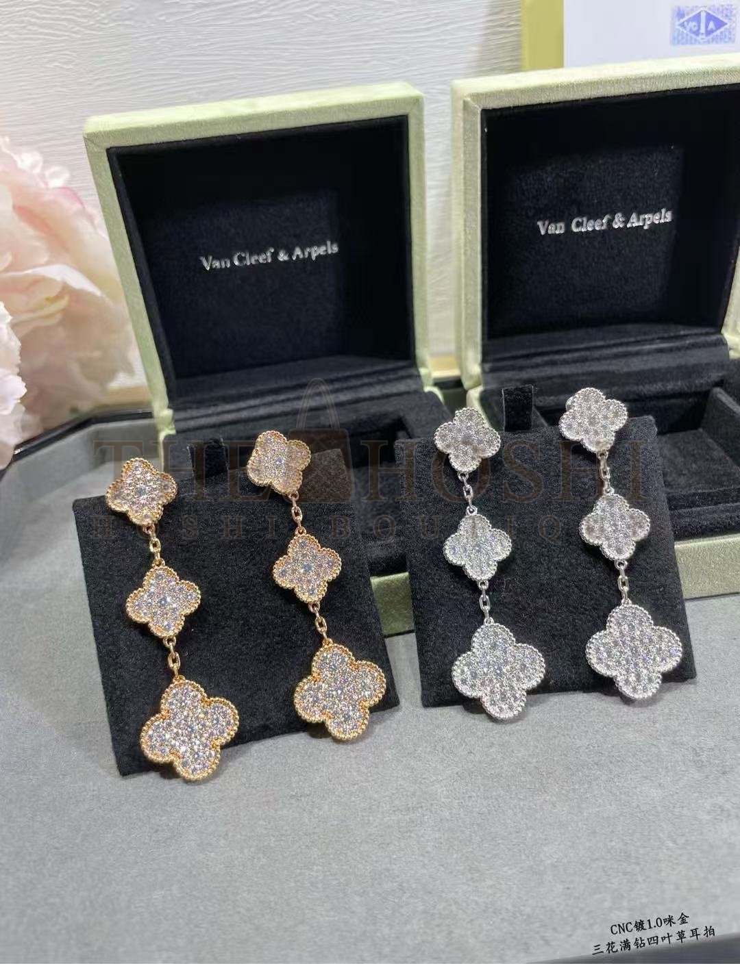 V*n Cl**f & Arpels VCA Alhambra 3-Flower Full D1am0nd Earrings Master Quality