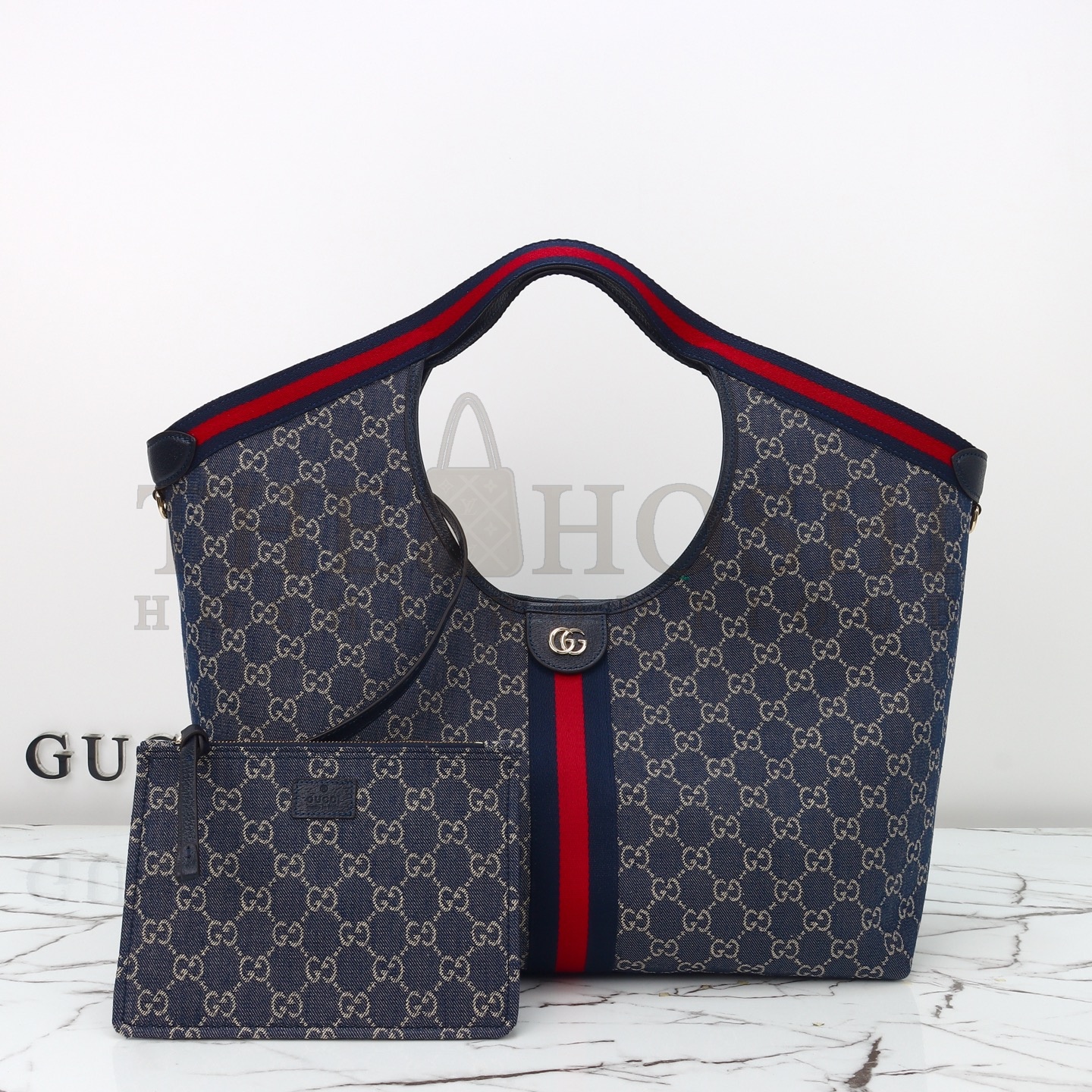 Gvc*1 Giglio Tote Bag Blue GG Canvas with Green-Red Web, Removable Pouch, 60 x 47 x 16 cm Master Quality
