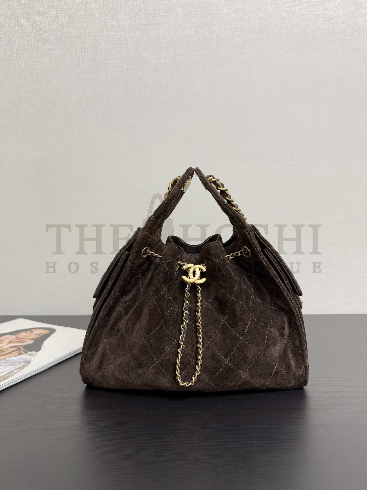 Ch**el 25C AS5631 Hobo Drawstring Bag Dark Brown Sude Leather with Gold Chain 30*26*14CM Master Quality