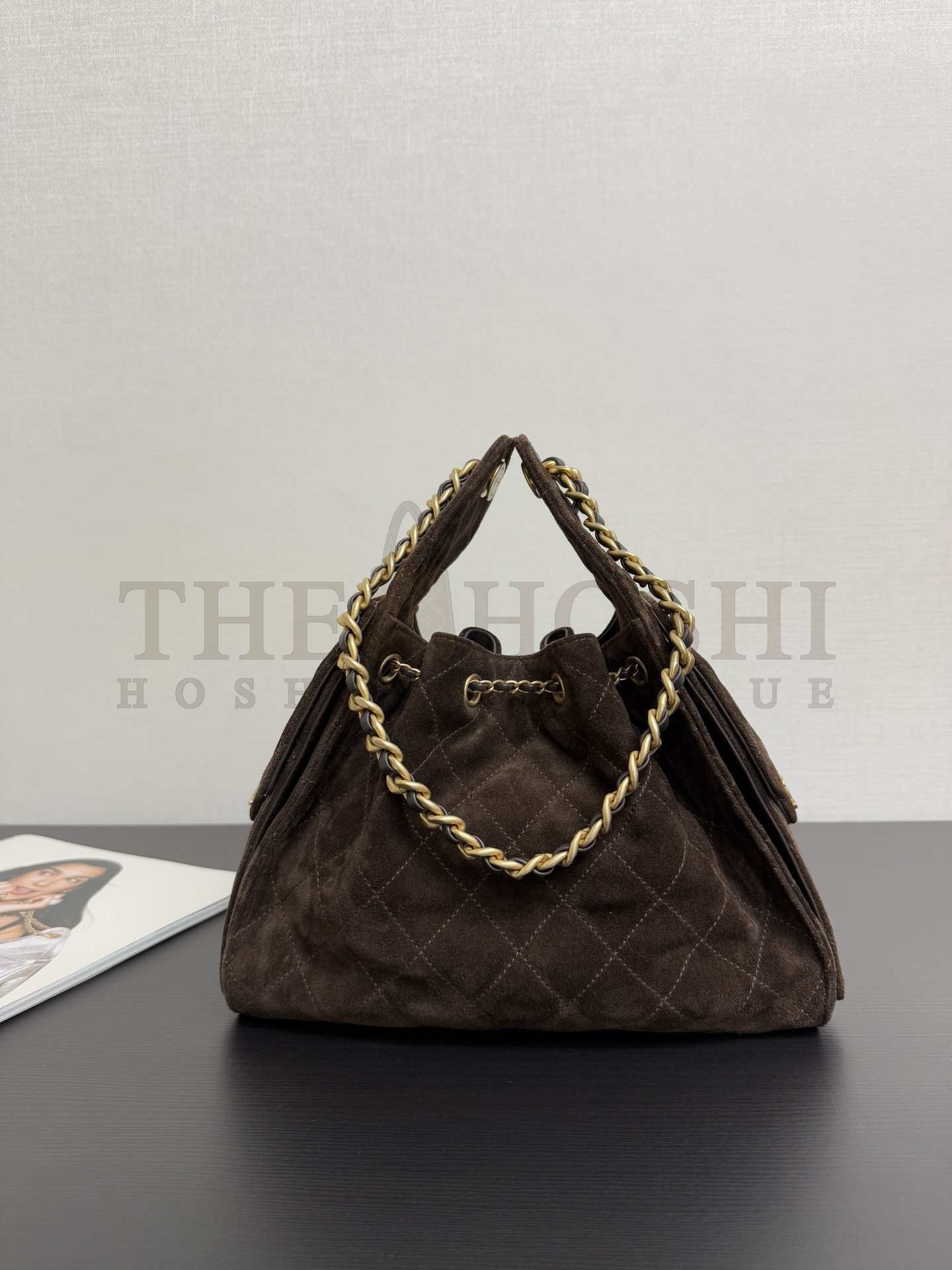 Ch**el 25C AS5631 Hobo Drawstring Bag Dark Brown Sude Leather with Gold Chain 30*26*14CM Master Quality