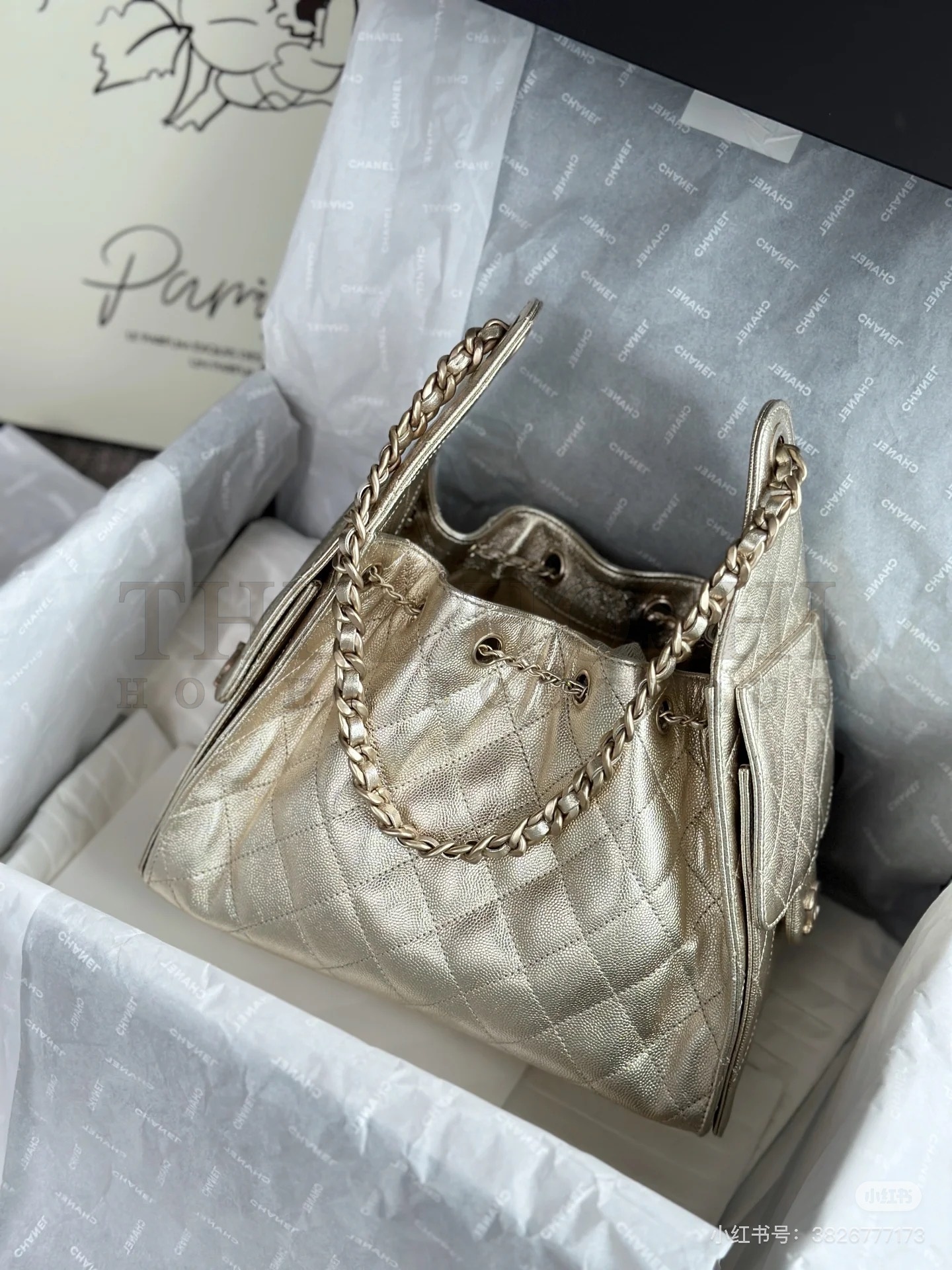 Ch**el 25C AS5293 Hobo Drawstring Bag Gold Caviar Leather with Gold Chain 30x26x14cm Master Quality