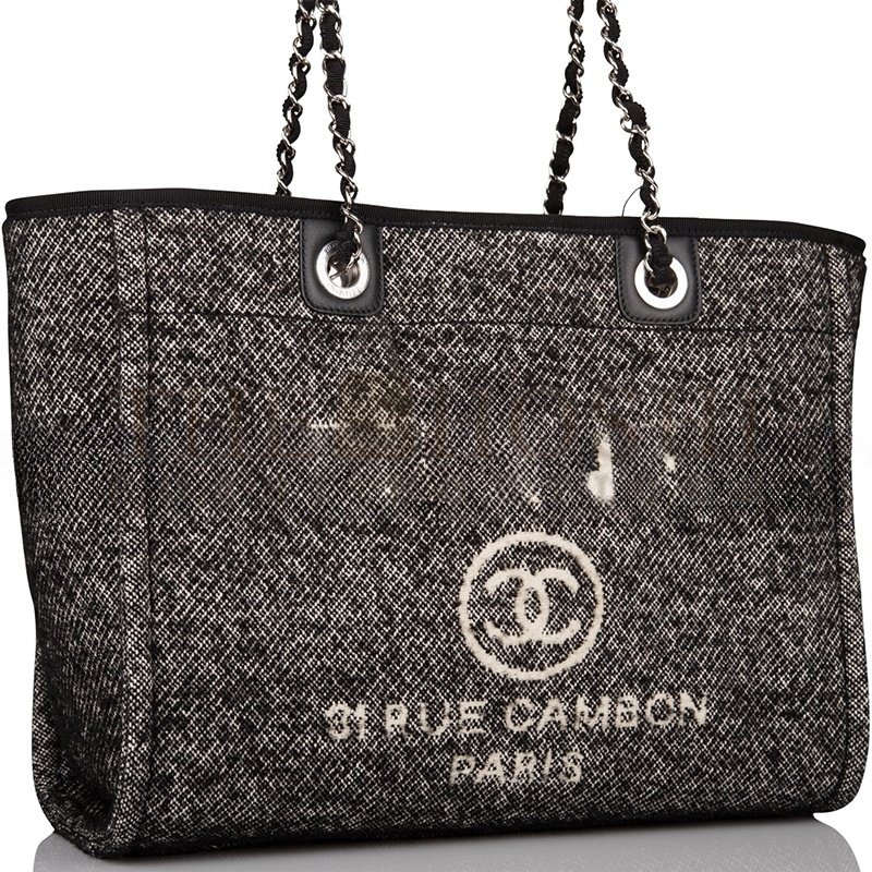 Ch**el SMALL DEAUVILLE SHOPPING BAG BLACK WOOL SILVER HARDWARE  (35*27*16cm) Master Quality