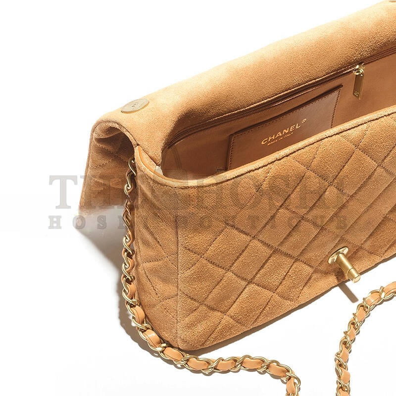 Ch**el FLAP BAG SUEDE CALFSKIN, LAMBSKIN &amp; GOLD-TONE METAL DARK BEIGE AS5987 (26*18*7cm) Master Quality