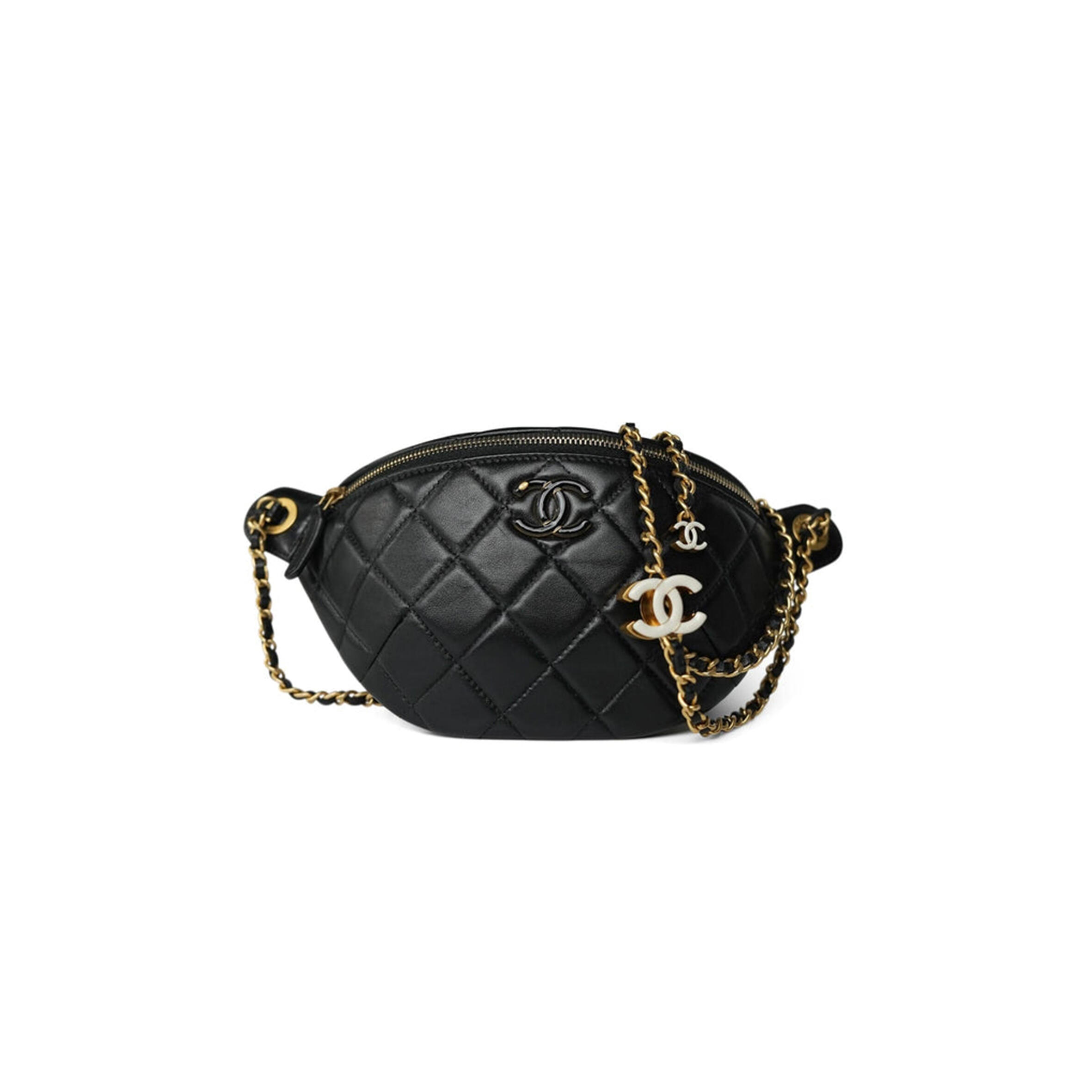 Ch**el 24A BLACK LAMBSKIN QUILTED WAIST BAG BUMBAG ENAMEL CC CHAIN GOLD HARDWARE AS4113 (27*13cm) Master Quality