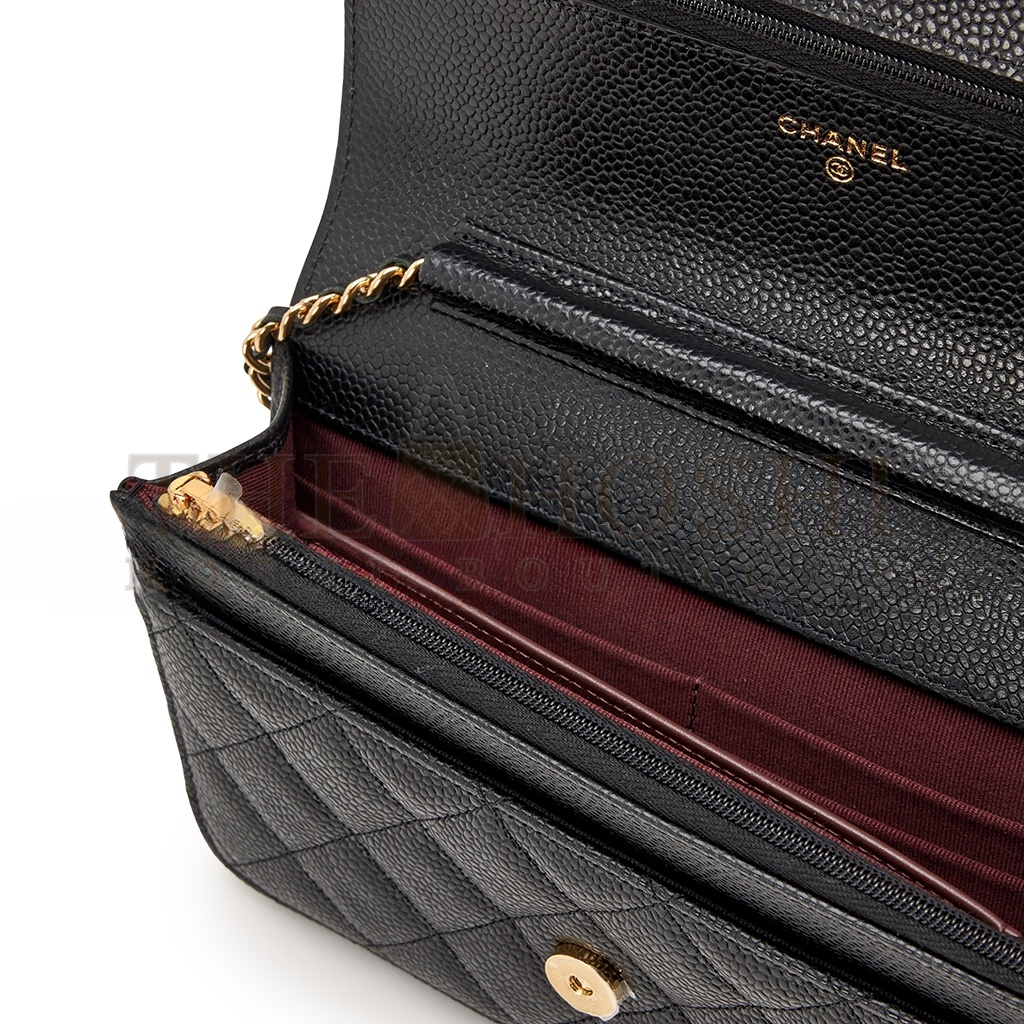 Ch**el QUILTED CAVIAR WALLET ON CHAIN WOC BLACK GOLD HARDWARE A33814 (19*12*3cm) Master Quality
