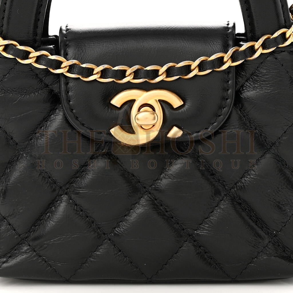 Ch**el SHINY CALFSKIN QUILTED MINI NANO KELLY SHOPPER BLACK (12.5*8*4cm) Master Quality