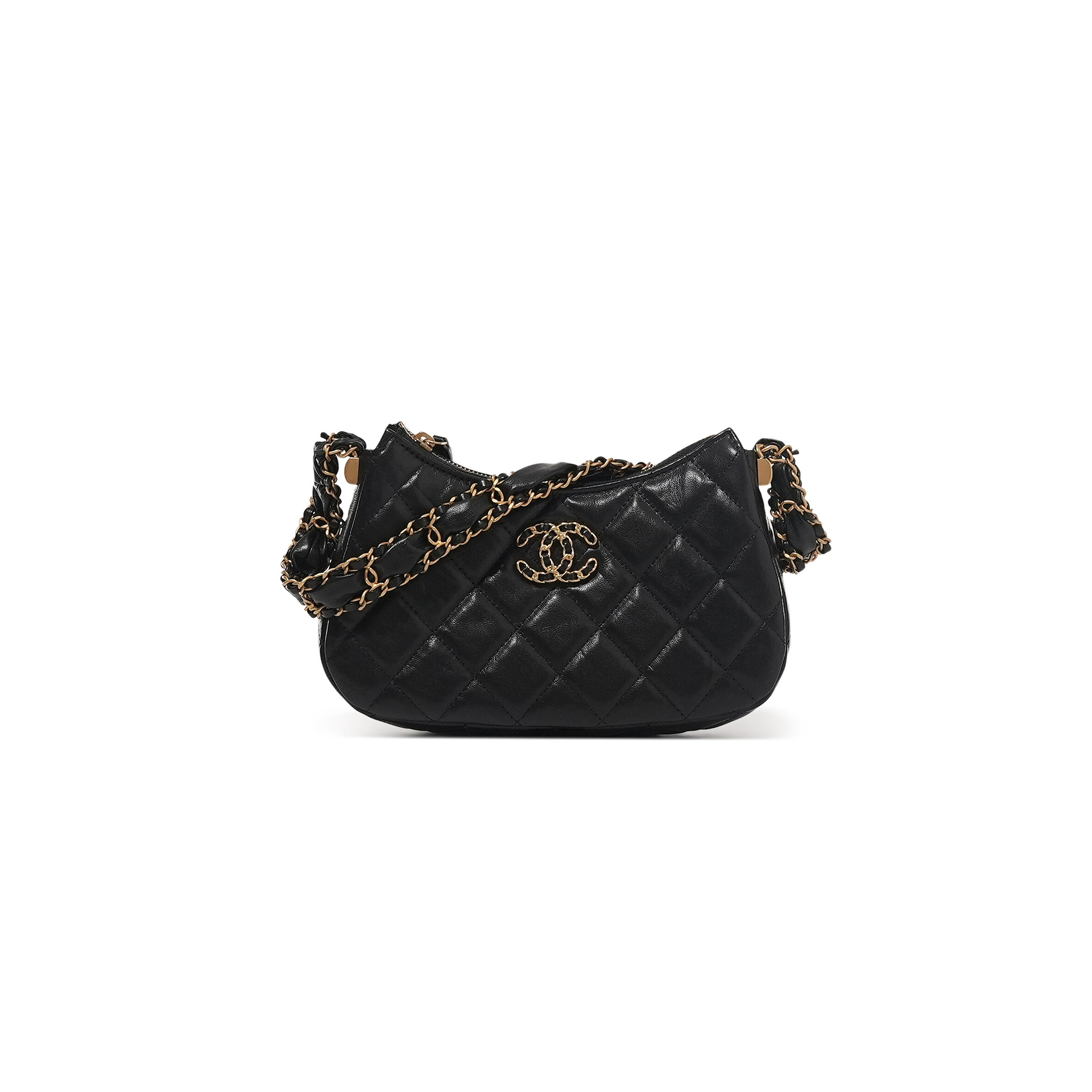 Ch**el BLACK QUILTED LAMBSKIN HOBO BAG BRUSHED GOLD HARDWARE (20.5*12*4.5cm) Master Quality