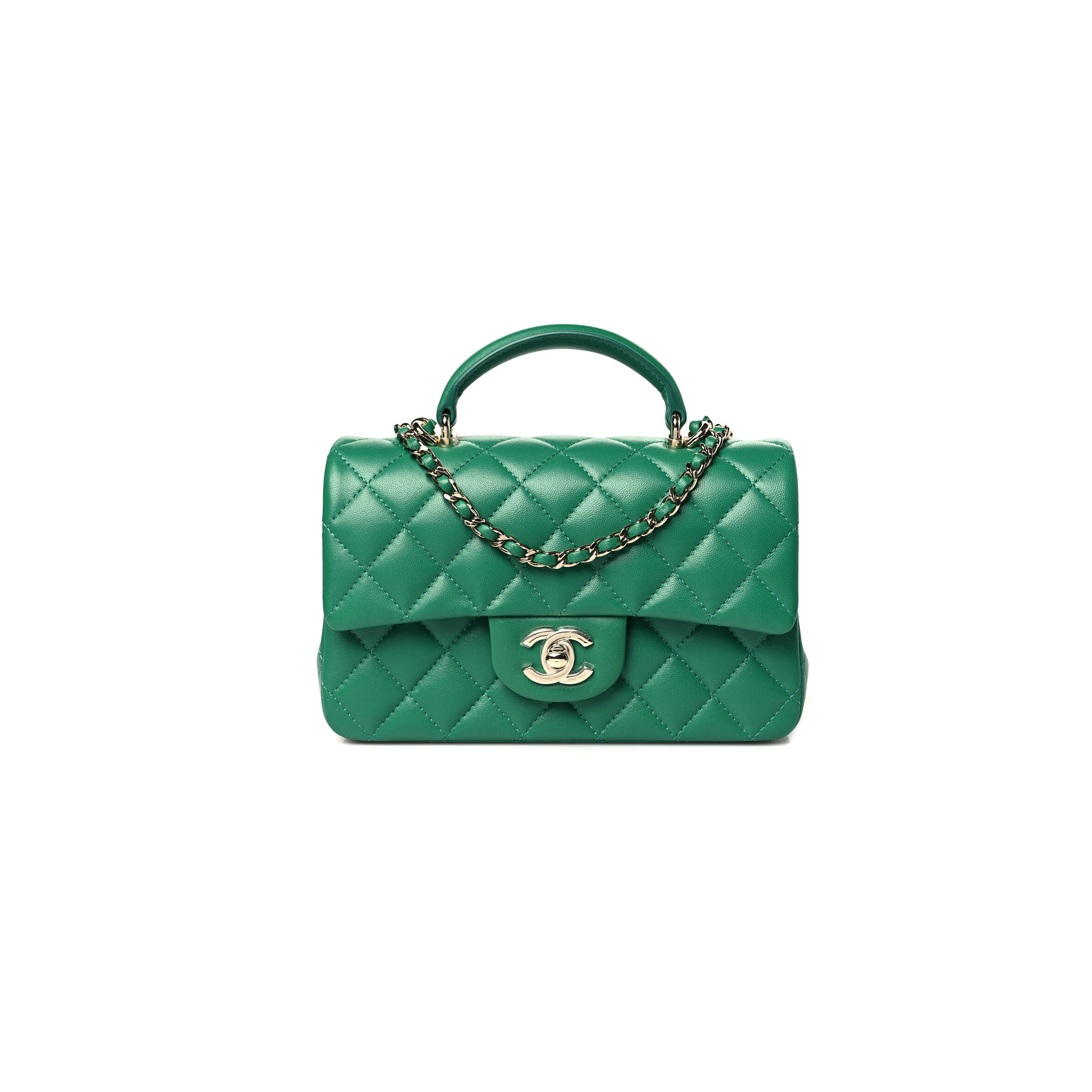 Ch**el LAMBSKIN QUILTED MINI TOP HANDLE RECTANGULAR FLAP GREEN (20*13*9cm) Master Quality