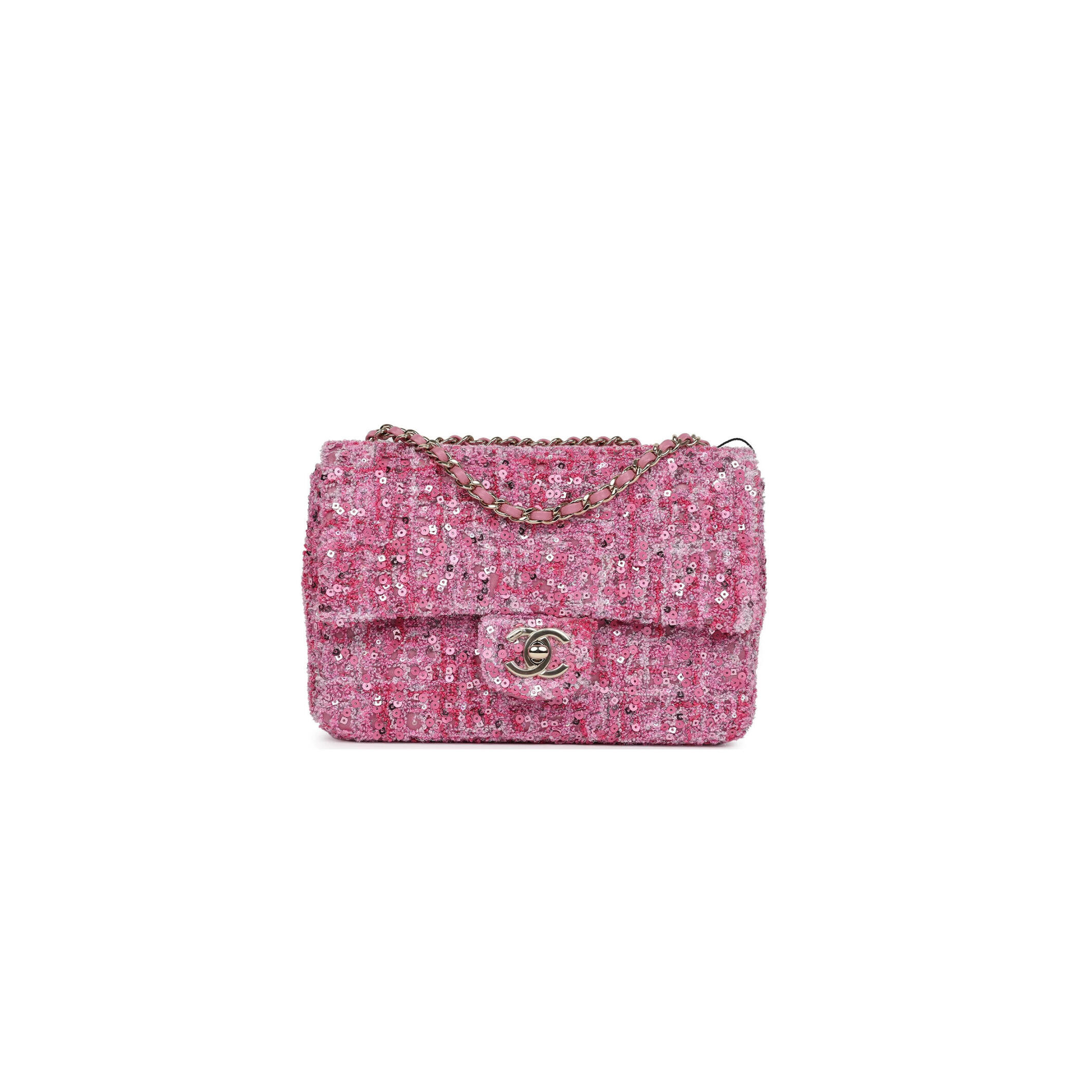 Ch**el MINI CLASSIC RECTANGULAR FLAP BAG PINK TWEED AND SEQUIN GOLD HARDWARE 192410 (20*13*6cm) Master Quality