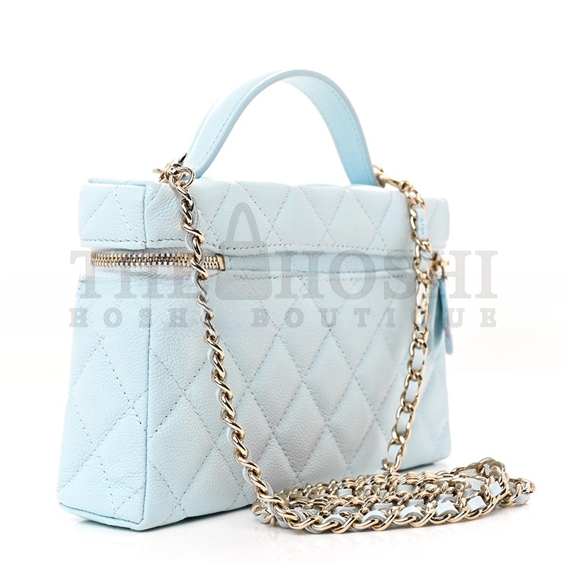 Ch**el CC TOP HANDLE LONG VANITY CASE WITH CHAIN SHINY CAVIAR LIGHT GOLD HARDWARE LIGHT BLUE AP4385 B10583 (19.5*17*5cm) Master Quality