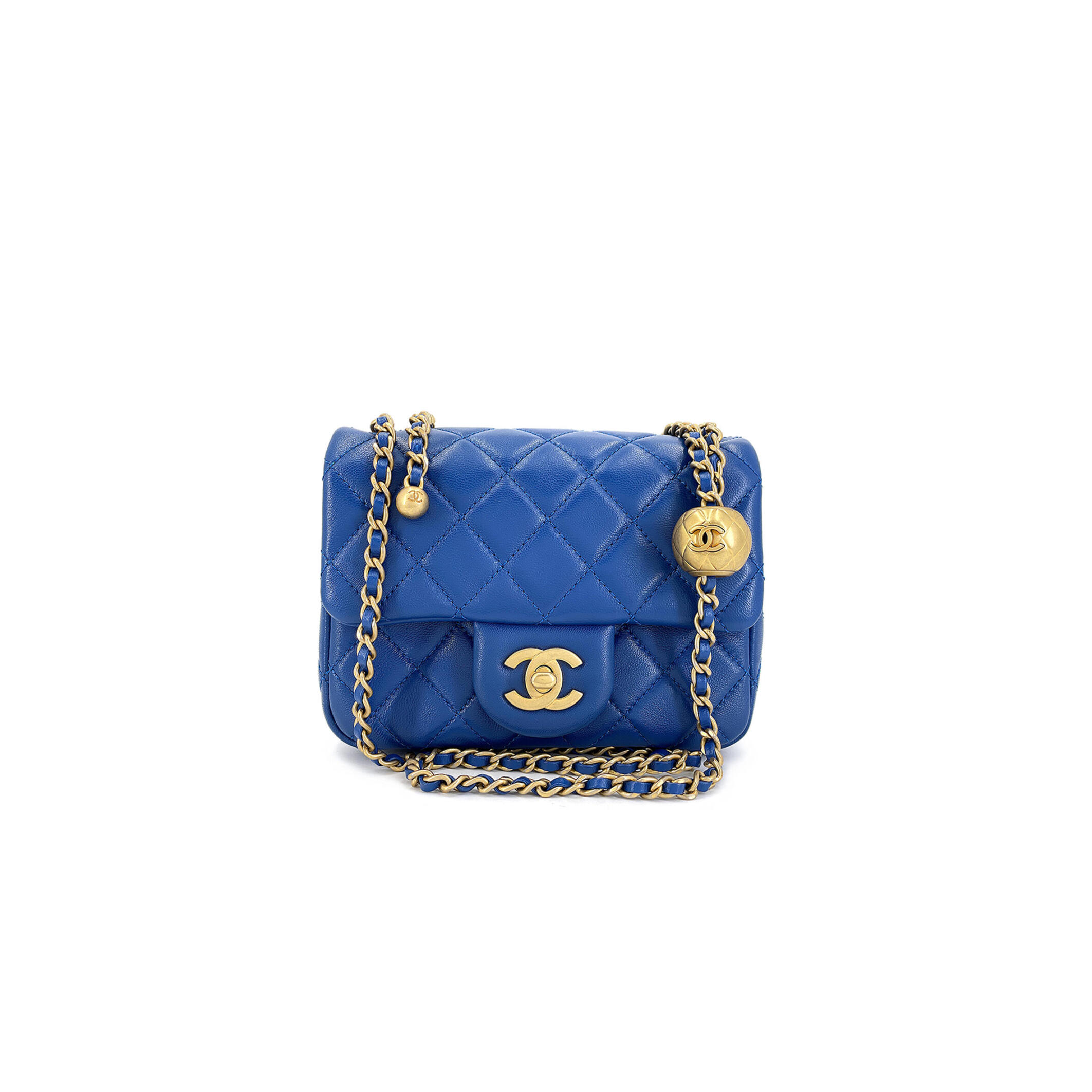 Ch**el BLUE QUILTED LAMBSKIN PEARL CRUSH SQUARE MINI FLAP BAG AGED GOLD HARDWARE AS1786 (18*13*7cm) Master Quality