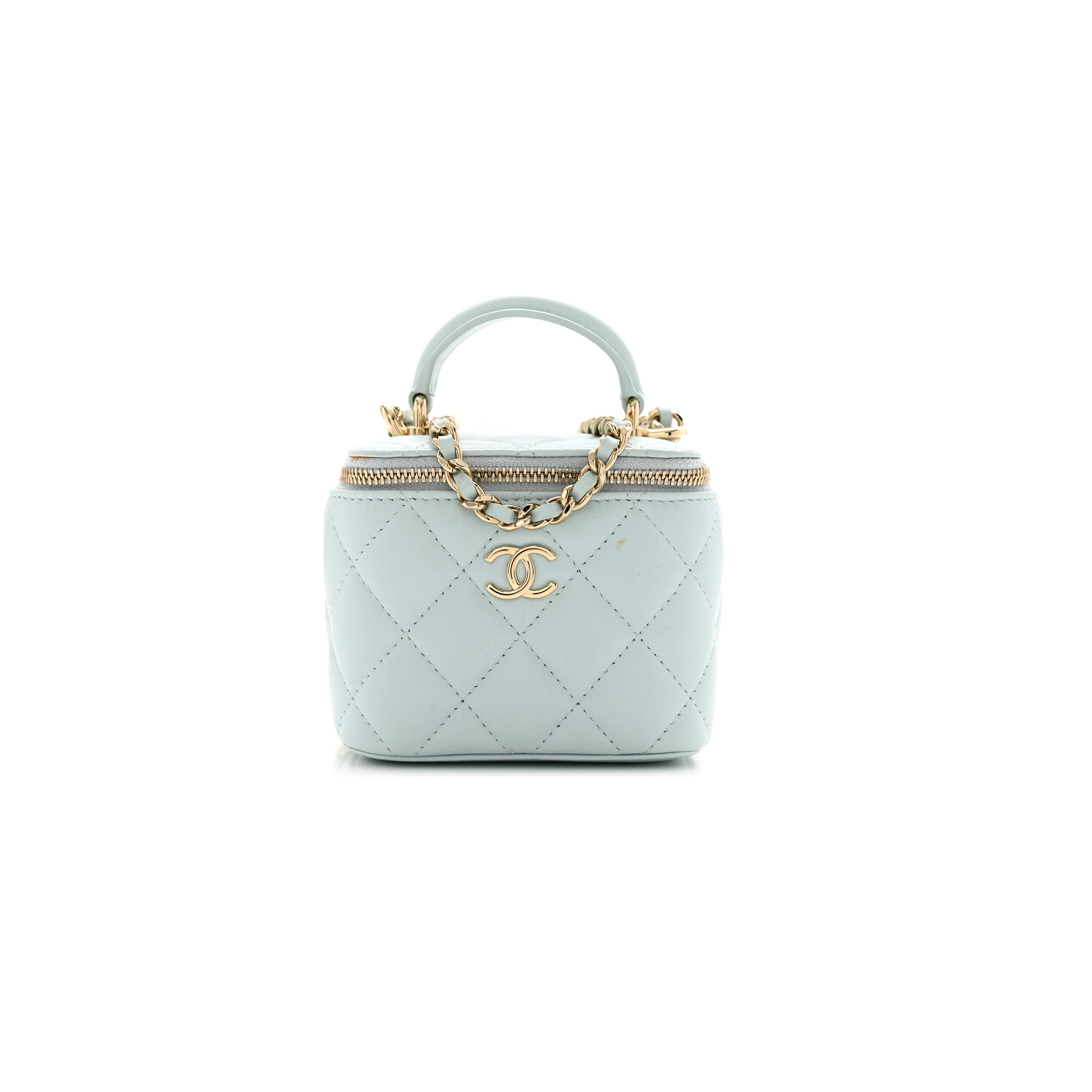 Ch**el LAMBSKIN QUILTED TOP HANDLE MINI VANITY CASE WITH CHAIN LIGHT BLUE 1671368 (10*9*7cm) Master Quality