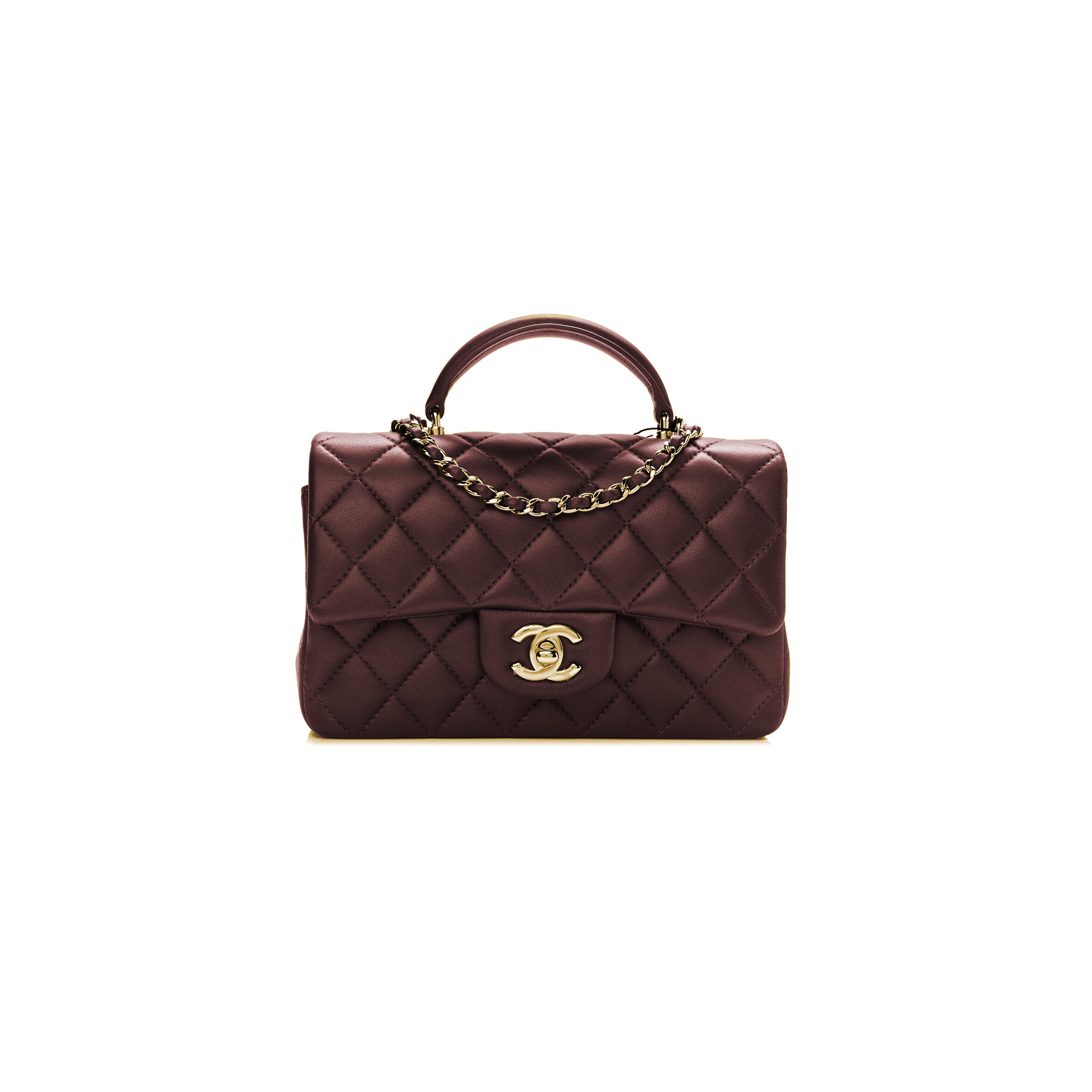 Ch**el LAMBSKIN QUILTED MINI TOP HANDLE RECTANGULAR FLAP GOLD BURGUNDY 1106350 (20*13*6cm) Master Quality