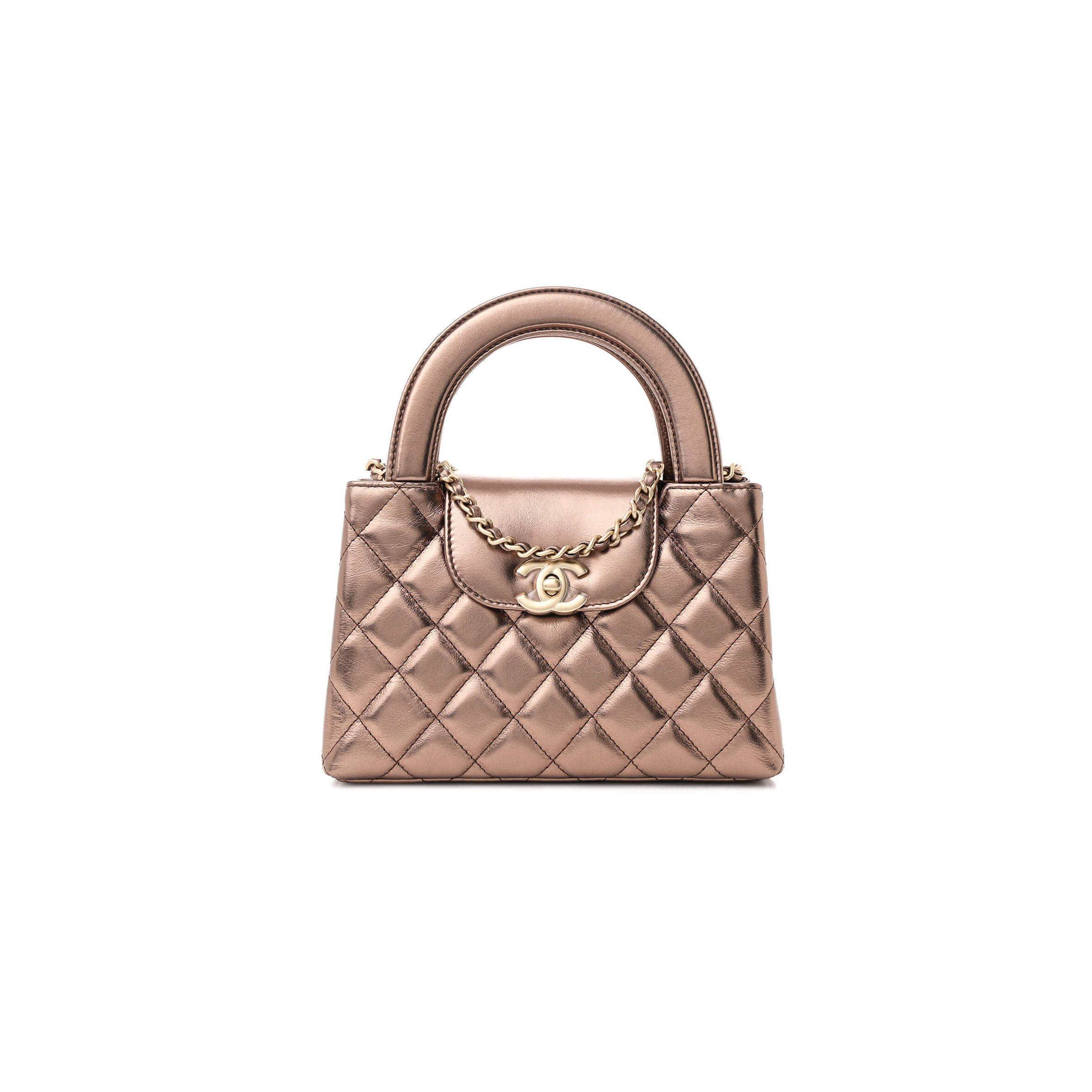 Ch**el METALLIC AGED CALFSKIN QUILTED NANO KELLY SHOPPER LIGHT BROWN (19*13*7cm) Master Quality