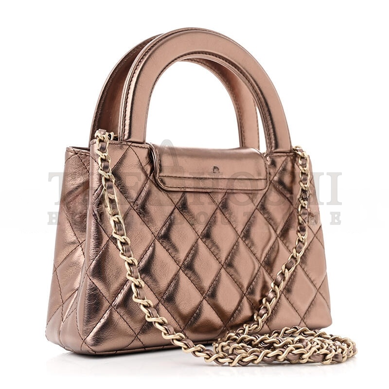 Ch**el METALLIC AGED CALFSKIN QUILTED NANO KELLY SHOPPER LIGHT BROWN (19*13*7cm) Master Quality