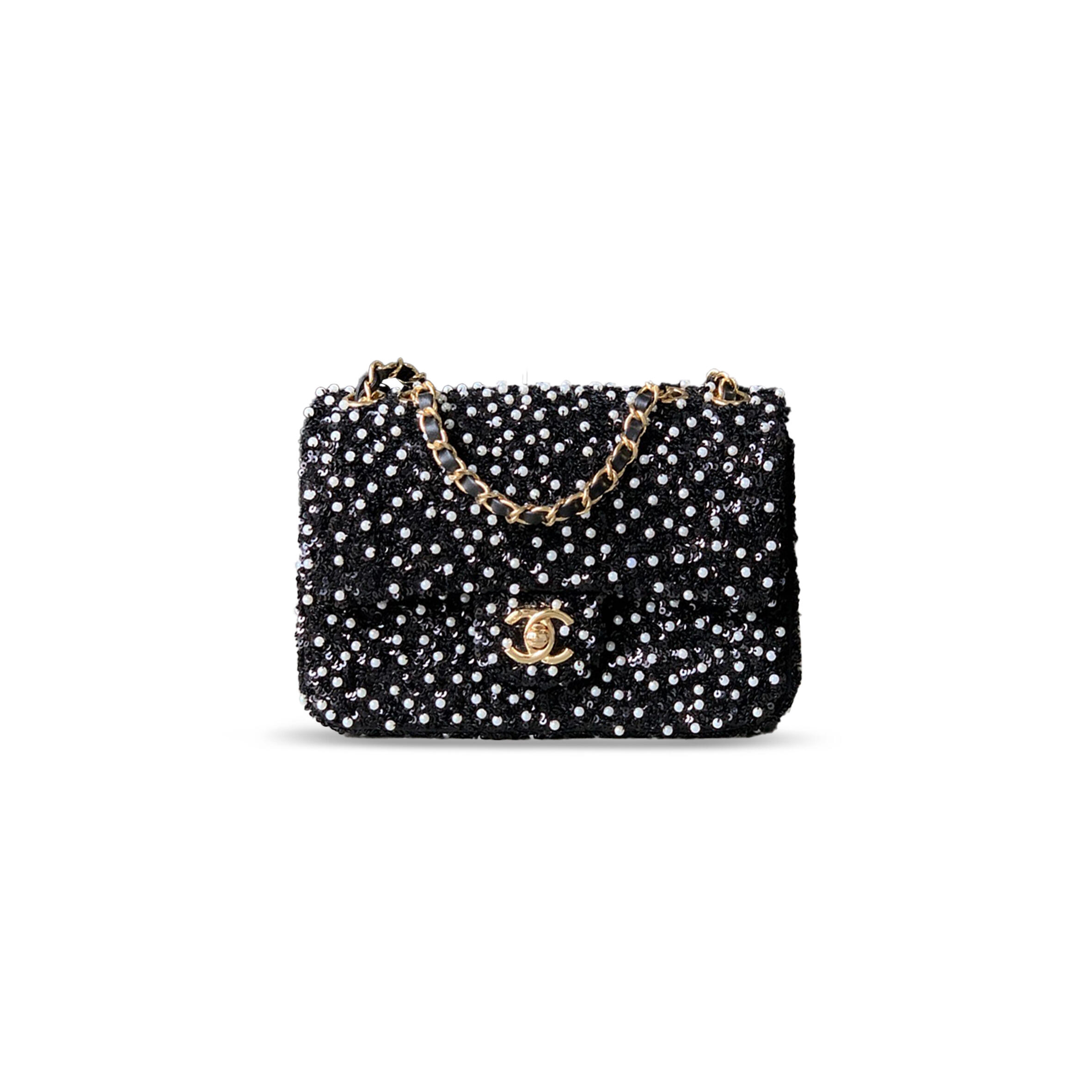 Ch**el MINI CLASSIC FLAP BAG PEARL AND SEQUINS &amp; GOLD METAL BLACK 295847 (20*12*6cm) Master Quality