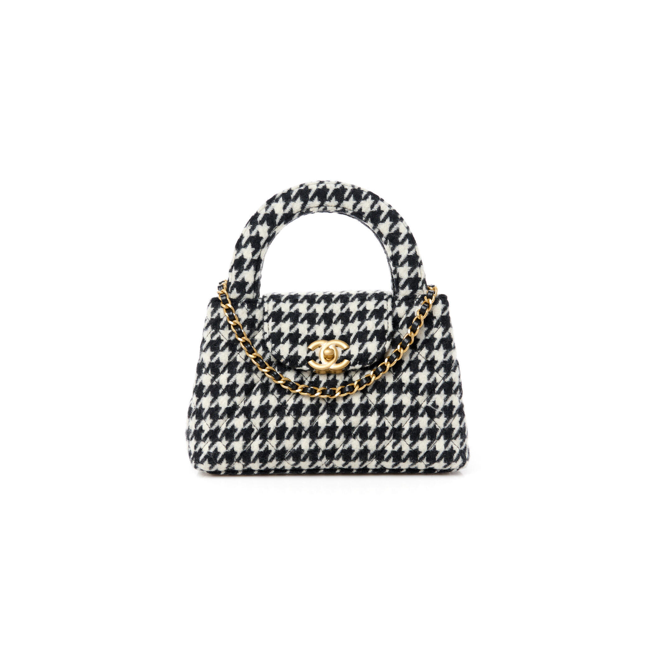 Ch**el TWEED HOUNDSTOOTH QUILTED NANO KELLY SHOPPER BLACK WHITE 1523860 (20*13*6cm) Master Quality
