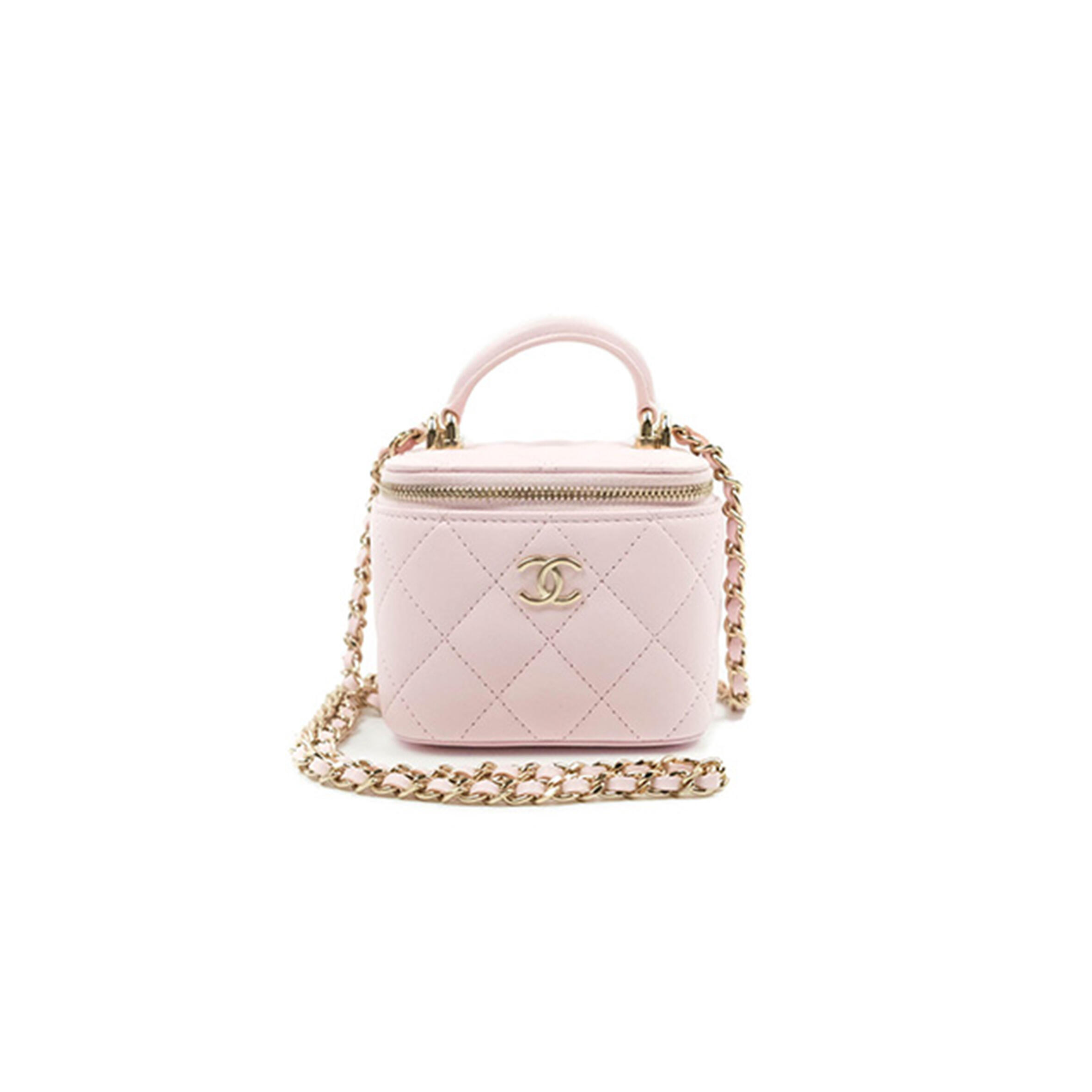 Ch**el MINI TOP HANDLE VANITY WITH CHAIN LIGHT PINK LAMBSKIN GOLD HARDWARE  (10*9*7cn) Master Quality