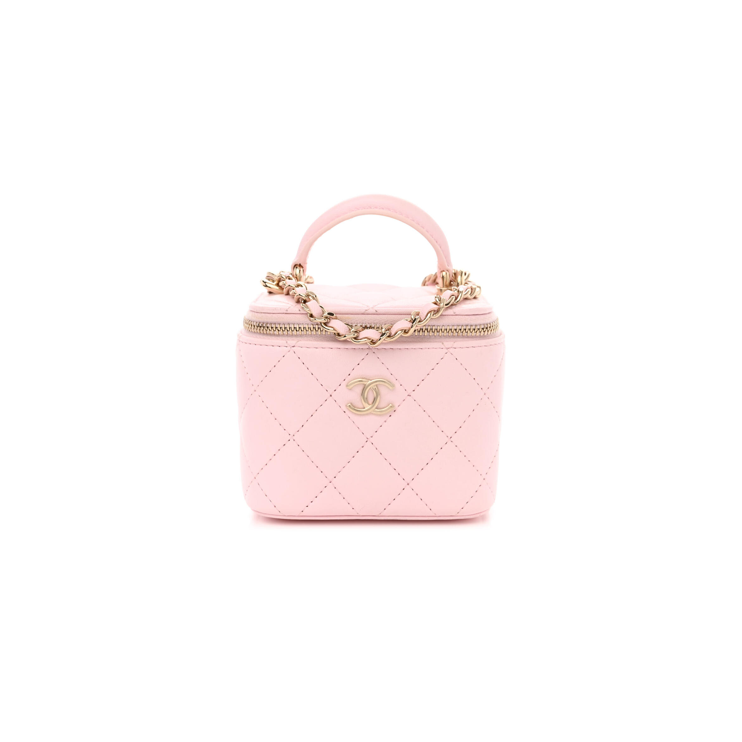 Ch**el LAMBSKIN QUILTED MINI TOP HANDLE VANITY CASE WITH CHAIN LIGHT PINK 1334686 (10*9*7cm) Master Quality