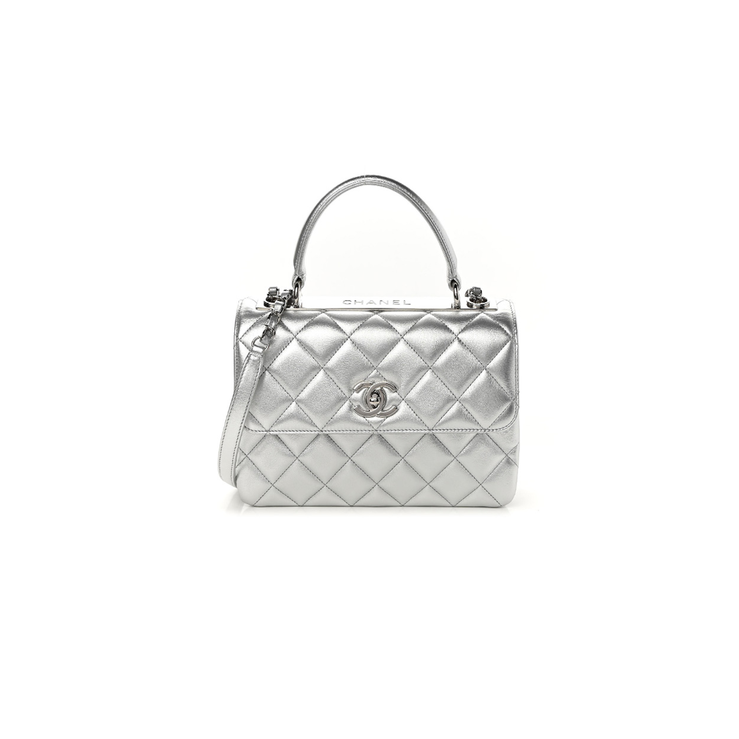 Ch**el METALLIC LAMBSKIN QUILTED SMALL TRENDY CC FLAP DUAL HANDLE BAG SILVER  (25*17*9cm) Master Quality