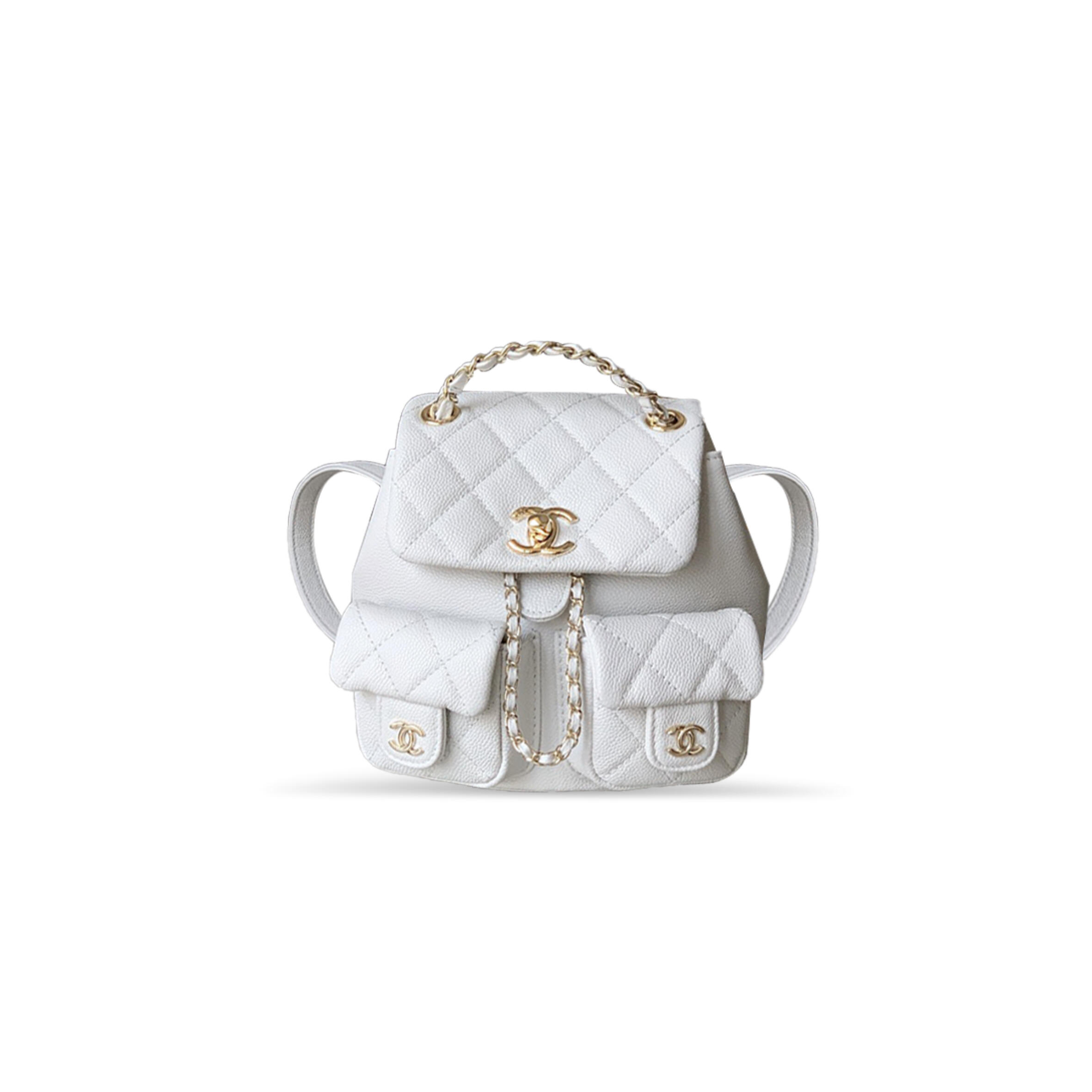 Ch**el SMALL SHINY CAVIAR QUILTED DUMA POCKETS DRAWSTRING BACKPACK WHITE 129220 (17.5*16.5*10cm) Master Quality
