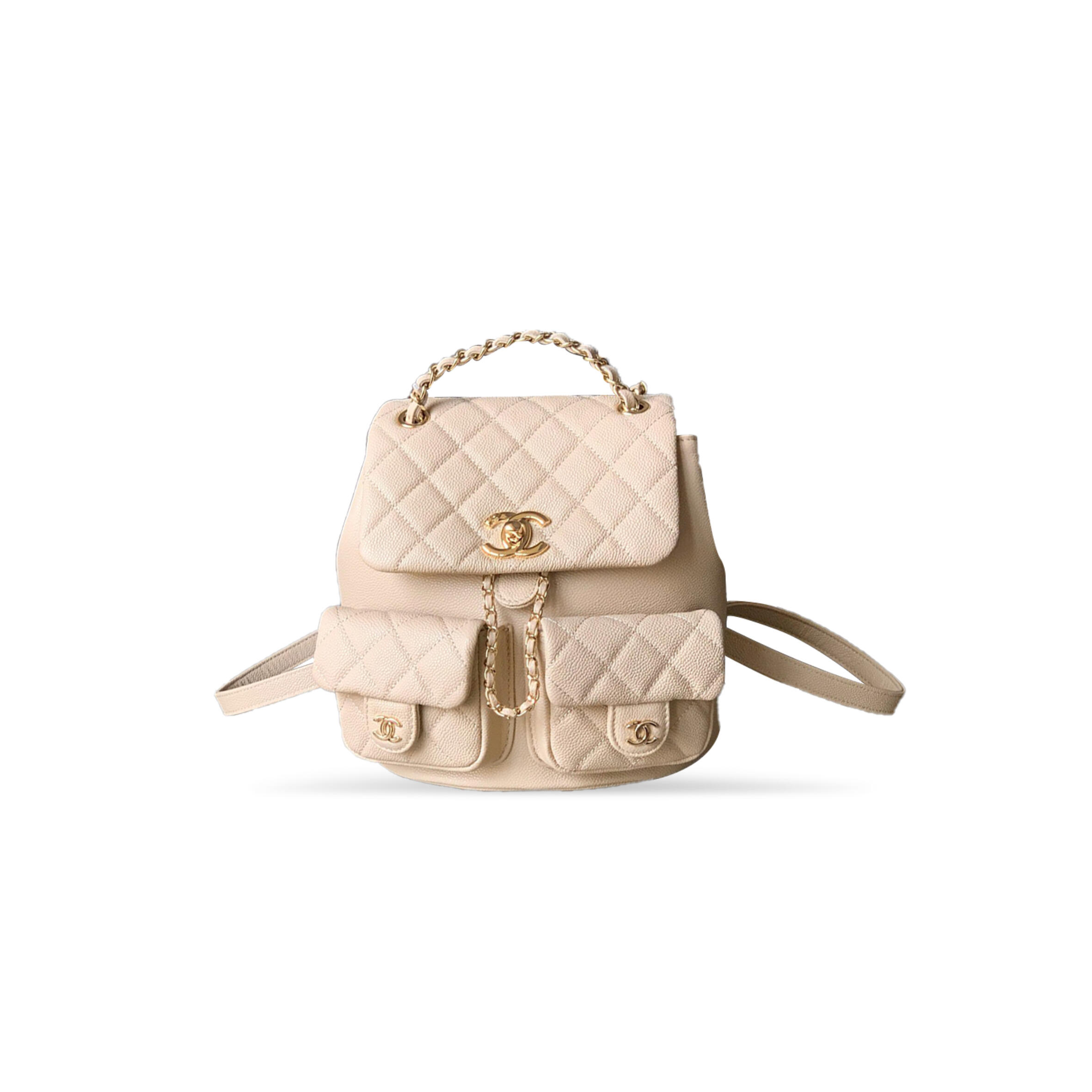 Ch**el LARGR SHINY CAVIAR QUILTED DUMA POCKETS DRAWSTRING BACKPACK MILK TEA COLOR 129235 (21*20*12cm) Master Quality