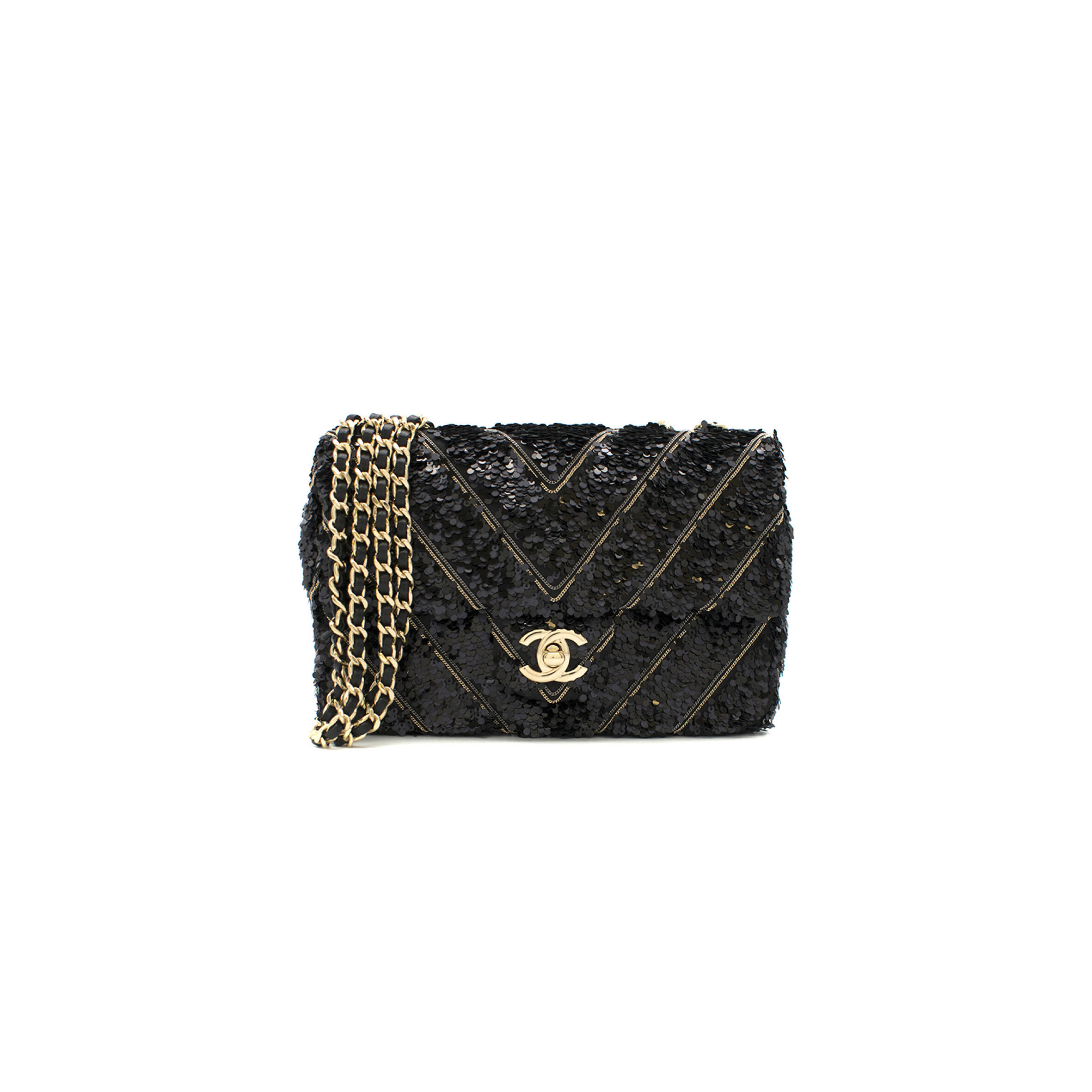 Ch**el CLASSIC FLAP BAG IN CHEVRON CHAIN &amp; SEQUIN WITH BLACK CALFSKIN LINING AND GOLD HARDWARE (21*14*8cm) Master Quality