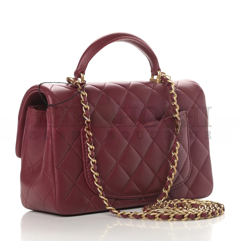 Ch**el LAMBSKIN QUILTED MINI TOP HANDLE RECTANGULAR FLAP BURGUNDY (20*12*6cm) Master Quality