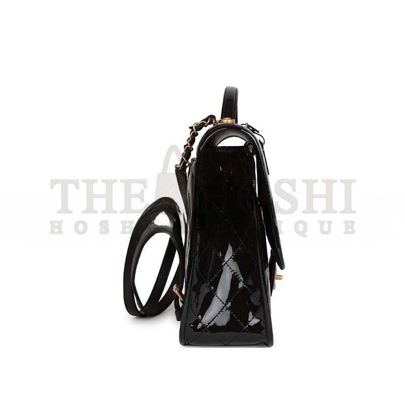 Ch**el LARGE FLAP BACKPACK BLACK PATENT ANTIQUE GOLD HARDWARE (30*23*10cm) Master Quality