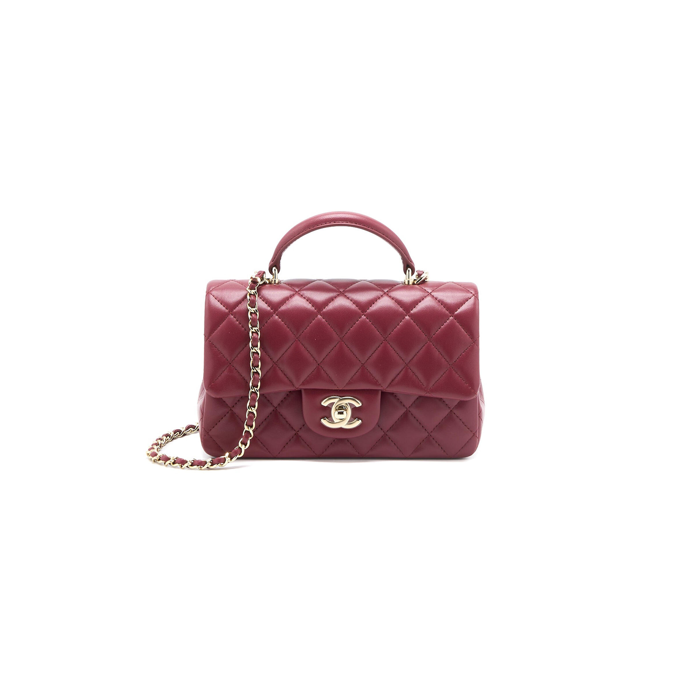 Ch**el TOP HANDLE MINI RECTANGULAR FLAP BAG LAMBSKIN BURGUNDY GHW (20*12*6.5cm) Master Quality