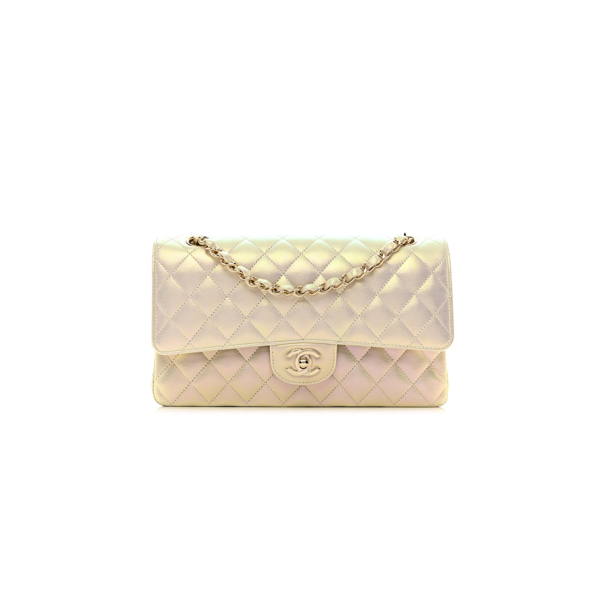 Ch**el IRIDESCENT LAMBSKIN QUILTED MEDIUM DOUBLE FLAP 1404212 (25*15*6cm) Master Quality