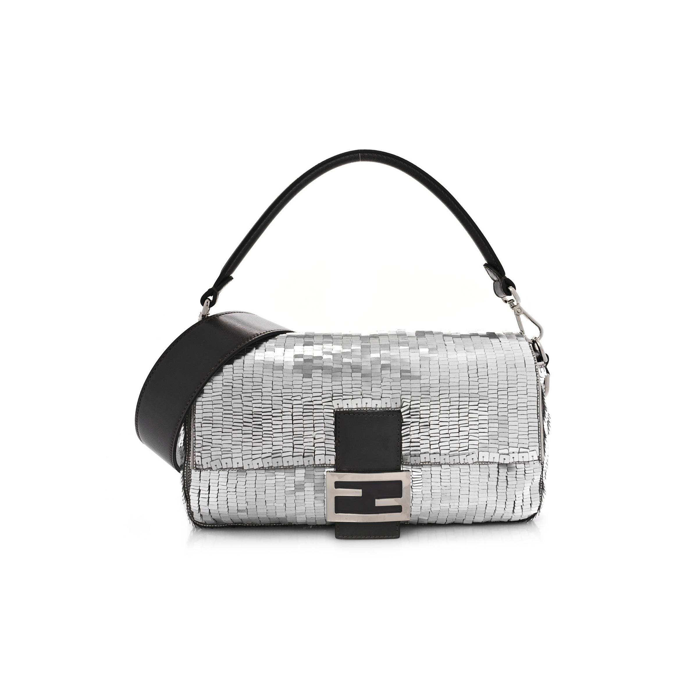 F**di SEQUIN PAILLETTES CAPRETTO LUCIDO BAGUETTE ARGENTO MORO (27*15*6cm) Master Quality