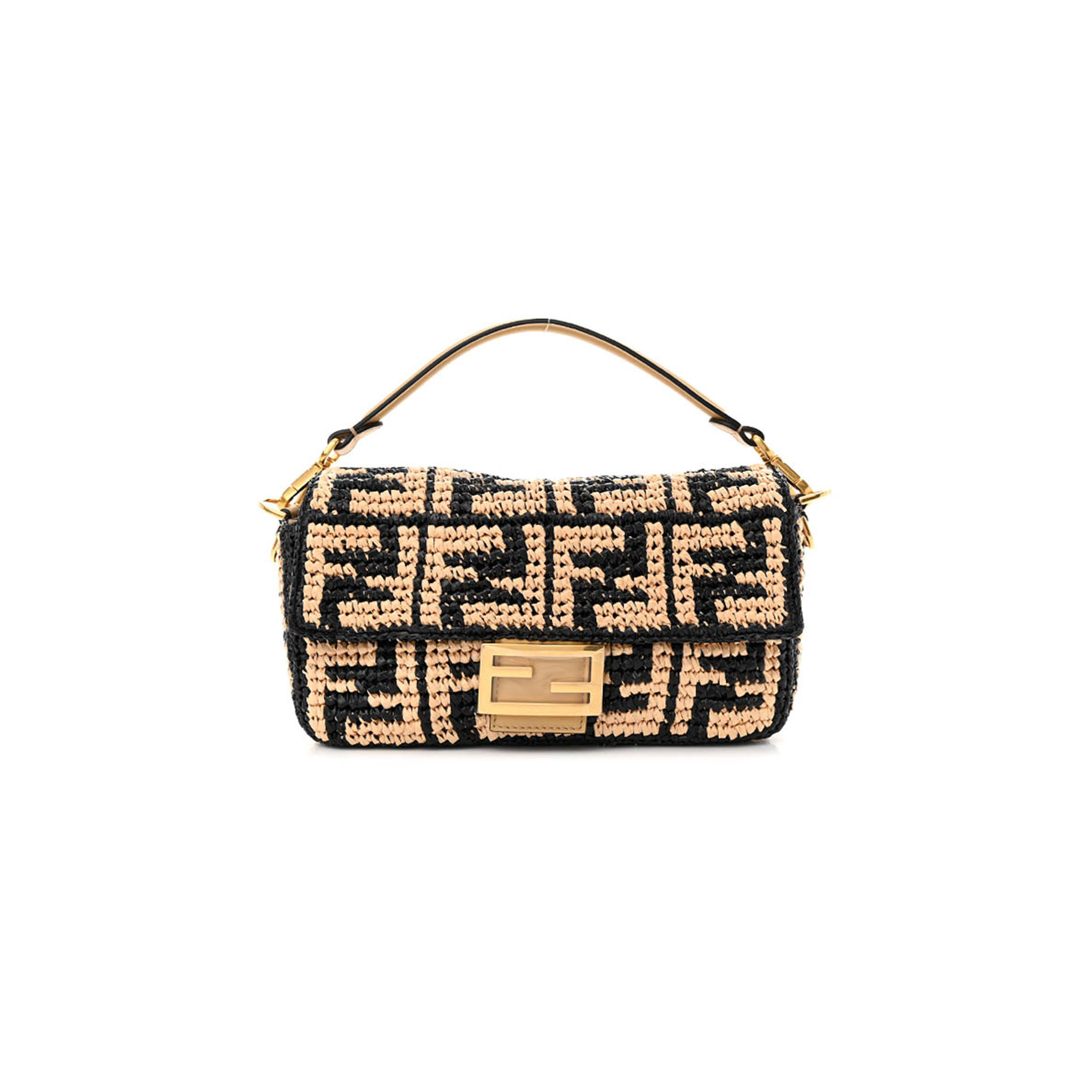 F**di RAFFIA VITELLO GRACE FF CROCHET BAGUETTE NATURAL BLACK PAGLIA (27*15*6cm) Master Quality