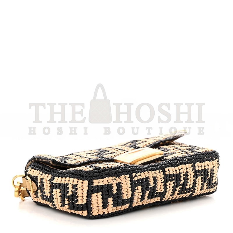 F**di RAFFIA VITELLO GRACE FF CROCHET BAGUETTE NATURAL BLACK PAGLIA (27*15*6cm) Master Quality