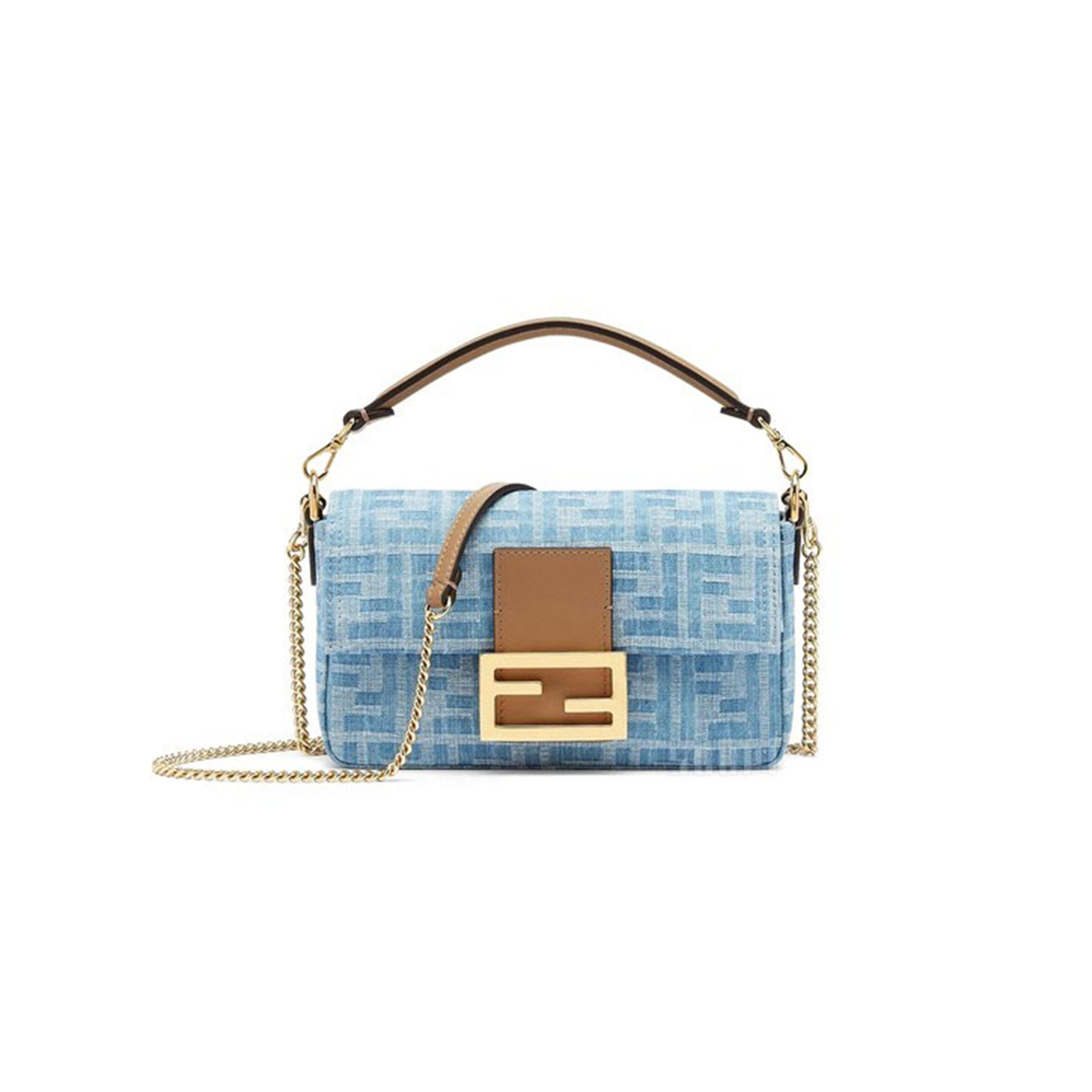 F**di BAGUETTE MINI BAG LIGHT BLUE FF DENIM HANDBAG 8BS017AS3FF1PLM (19.5*11*5cm) Master Quality